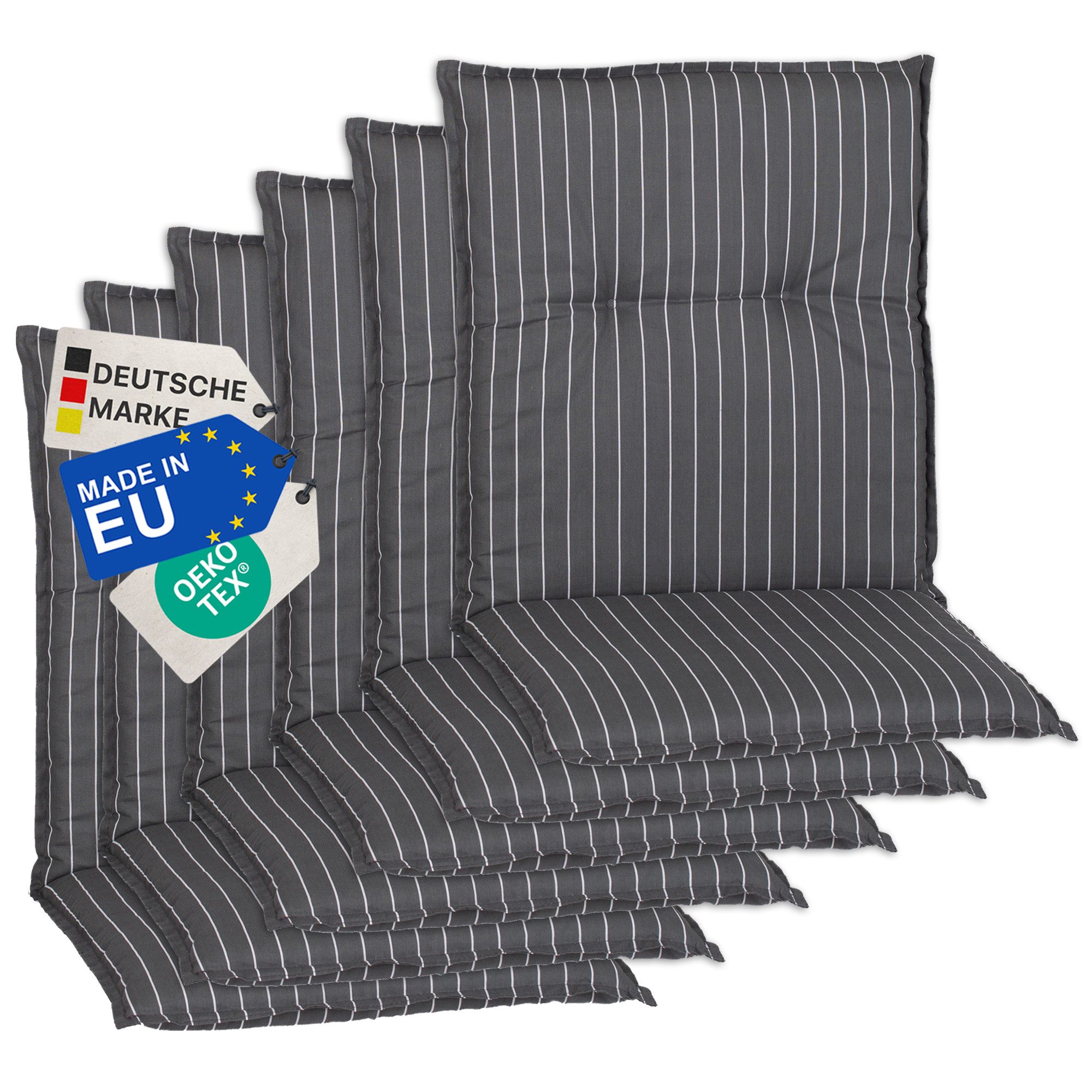 NYVI Sitzauflage Niedriglehner Auflagen 6er Set Barcelona Gartenstuhlauflagen 100x50cm, (6 St), Niederlehner Stuhlauflage Sitzauflage mit Halteband Streifen gestreift