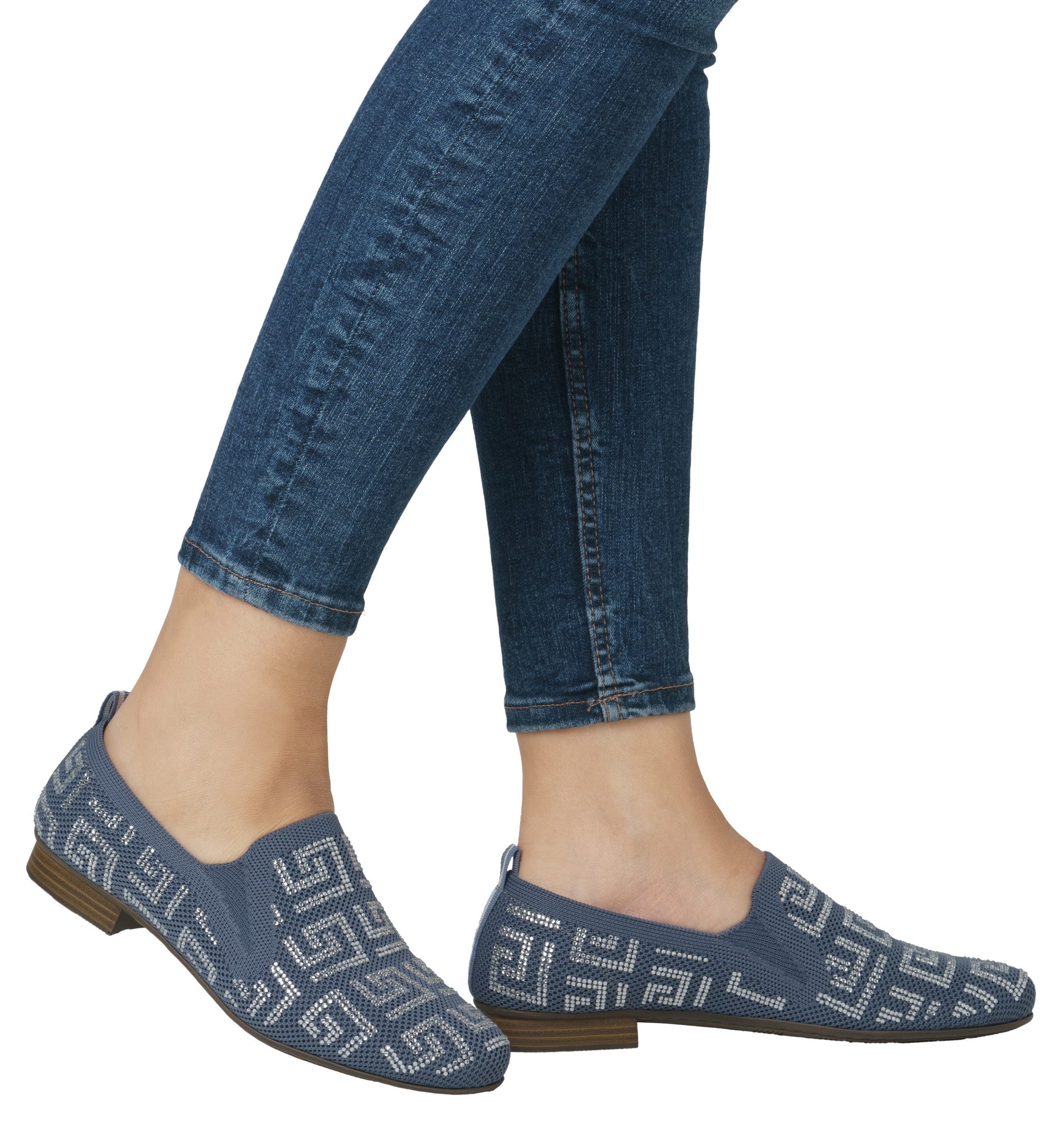 Rieker Slipper Halbschuh, Schlupfschuh, Blockabsatz, Loafer mit Glitzersteinchen