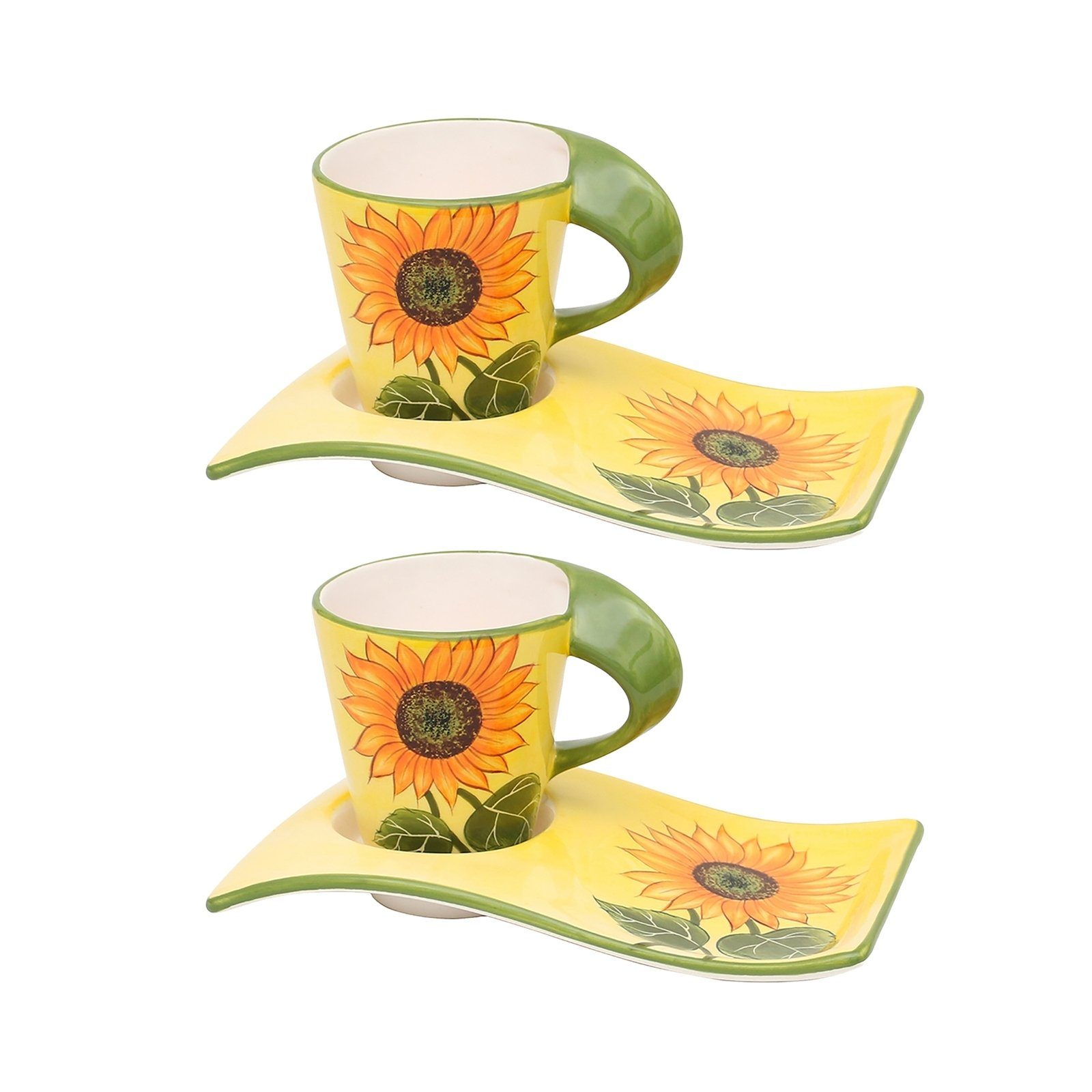 Tasse Keramik, mit Neuetischkultur mit Kaffeepot Kaffeebecher Kaffeetasse Unterteller Gebäckteller Sonnenblume 2er-Set,