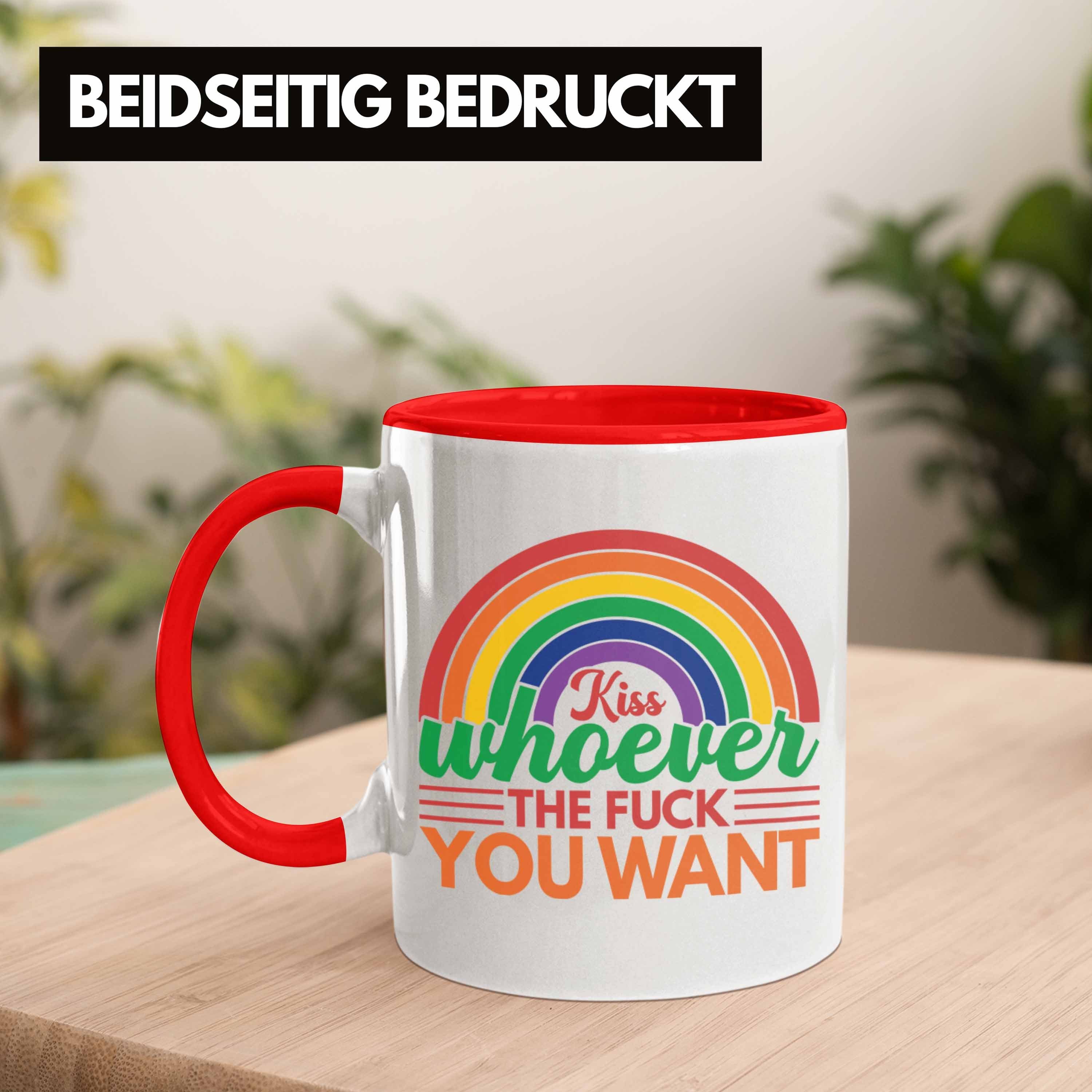 Trendation Tasse Trendation - Schwule Lustige Rot Geschenk You Sounds für Transgender LGBT Regenbogen Lesben Tasse Gay Want Whoever Kiss Im Grafik In Regenbogen