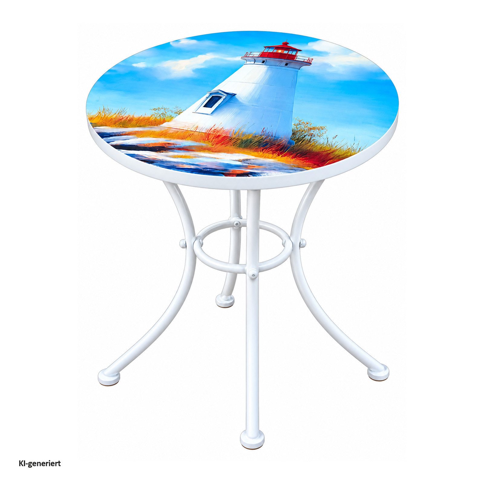 HTI-Living Gartentisch Runder Bistrotisch Celia Weiß mit Leuchtturm Motiv 57 cm (1 Stück, 1 Bistrotisch)