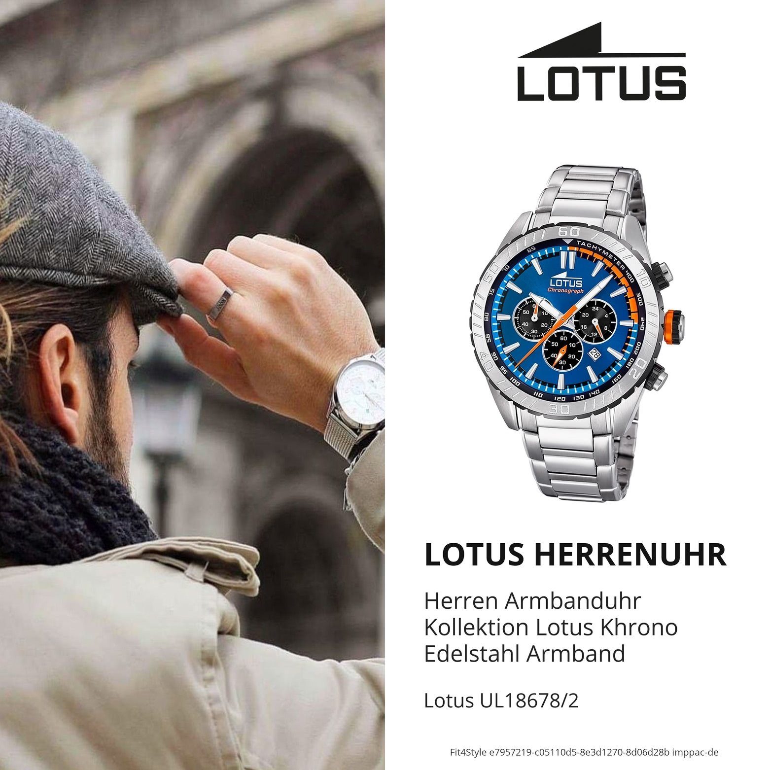 Lotus Quarzuhr LOTUS Herren Uhr 18678/2 Sport silber Herrenuhr groß (ca. rund, extra Edelstahlarmband Edelstahl, 46mm)