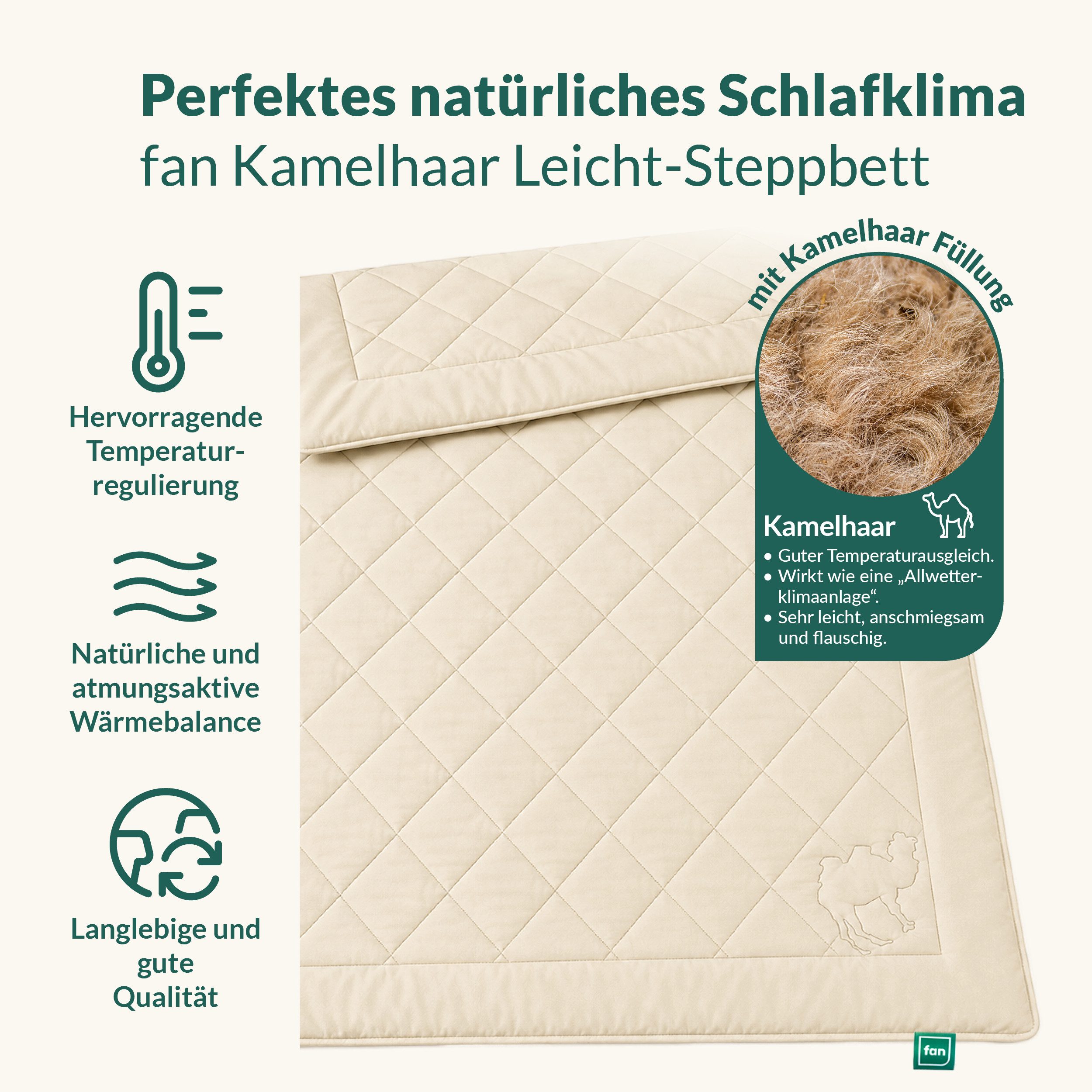 fan Naturhaarbettdecke Gobi, Bettdecken für Sommer und Winter, temperaturausgleichend, Füllung: Kamelhaar, Bezug: Baumwolle, Klimatisierende Kamelhaar-Füllung - Made in Germany
