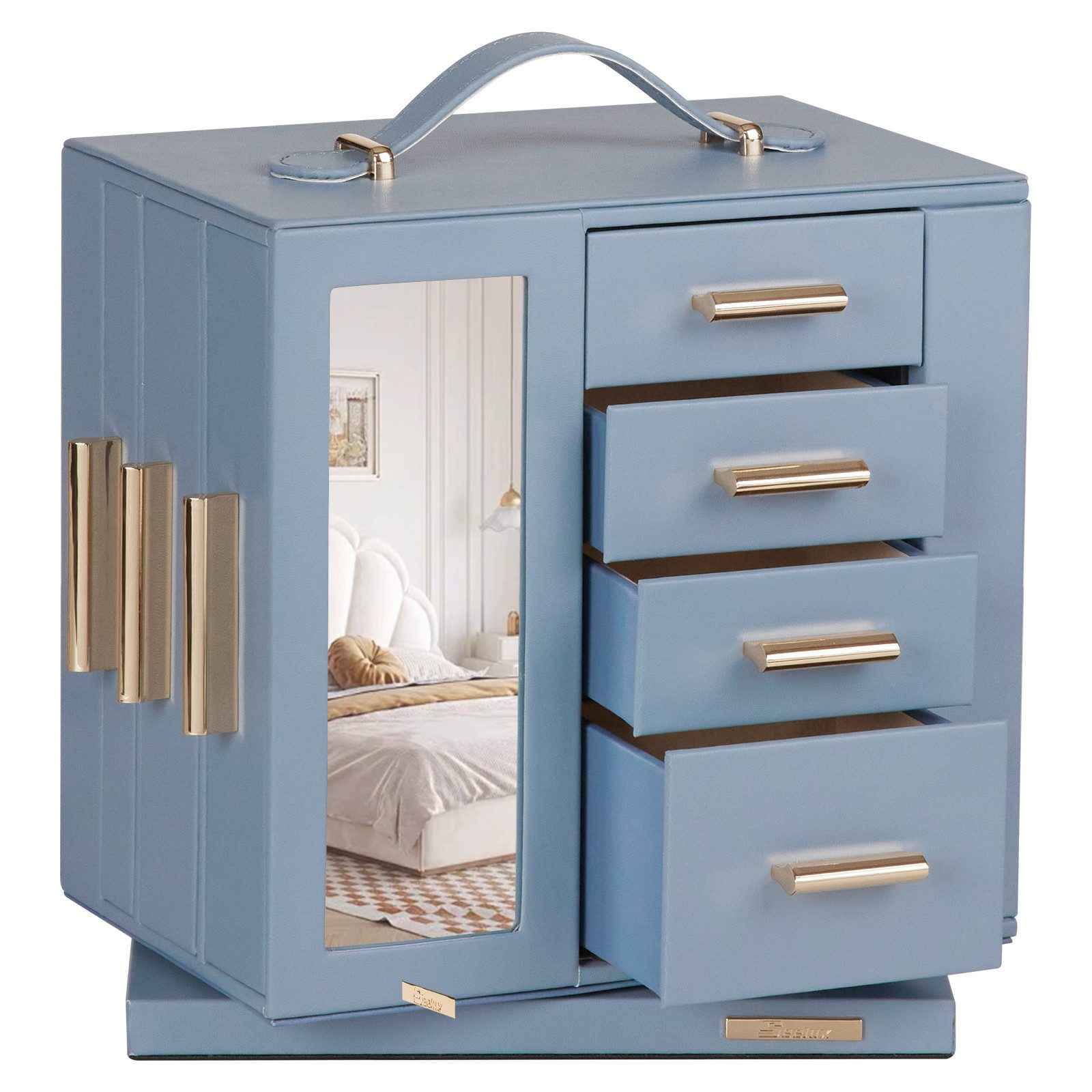 Yorbay Schmuckkasten 360° drehbar Schmuckkästchen mit 7 Schubladen, Fenster, Spiegel, 9 Bereichen, für Halsketten, Ringe, Armbänder, Ohrringe