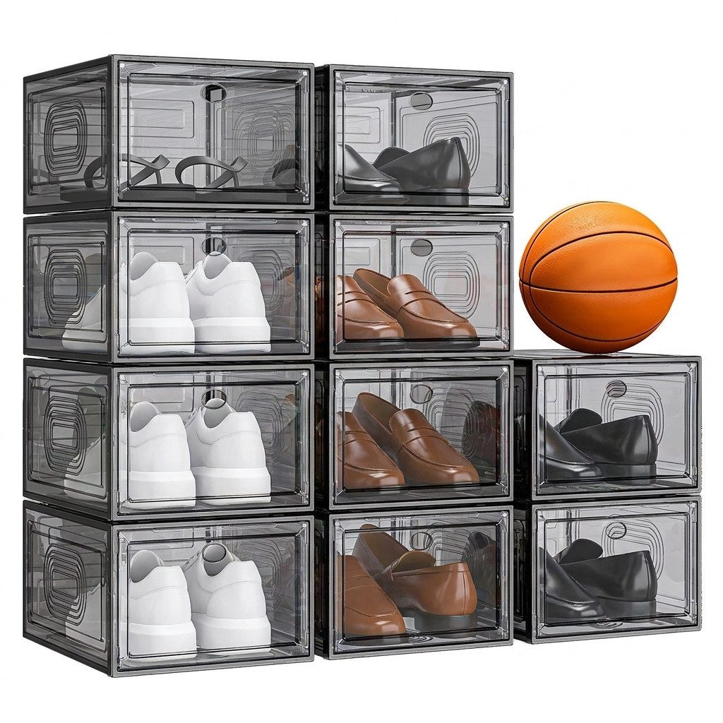 POPOLIC Schuhkiste 6/9/10 Stück Schuhboxen stapelbar Schuhboxen aus klarem Kunststoff (Hartplastik Schuhbox mit Deckel, 10 St., Schuhorganisatoren mit Magnettür für Größe 46 - Hartplastik), faltbar und stapelbar, für Stöckelschuhe,Pumps, Schuhaufbewahrung