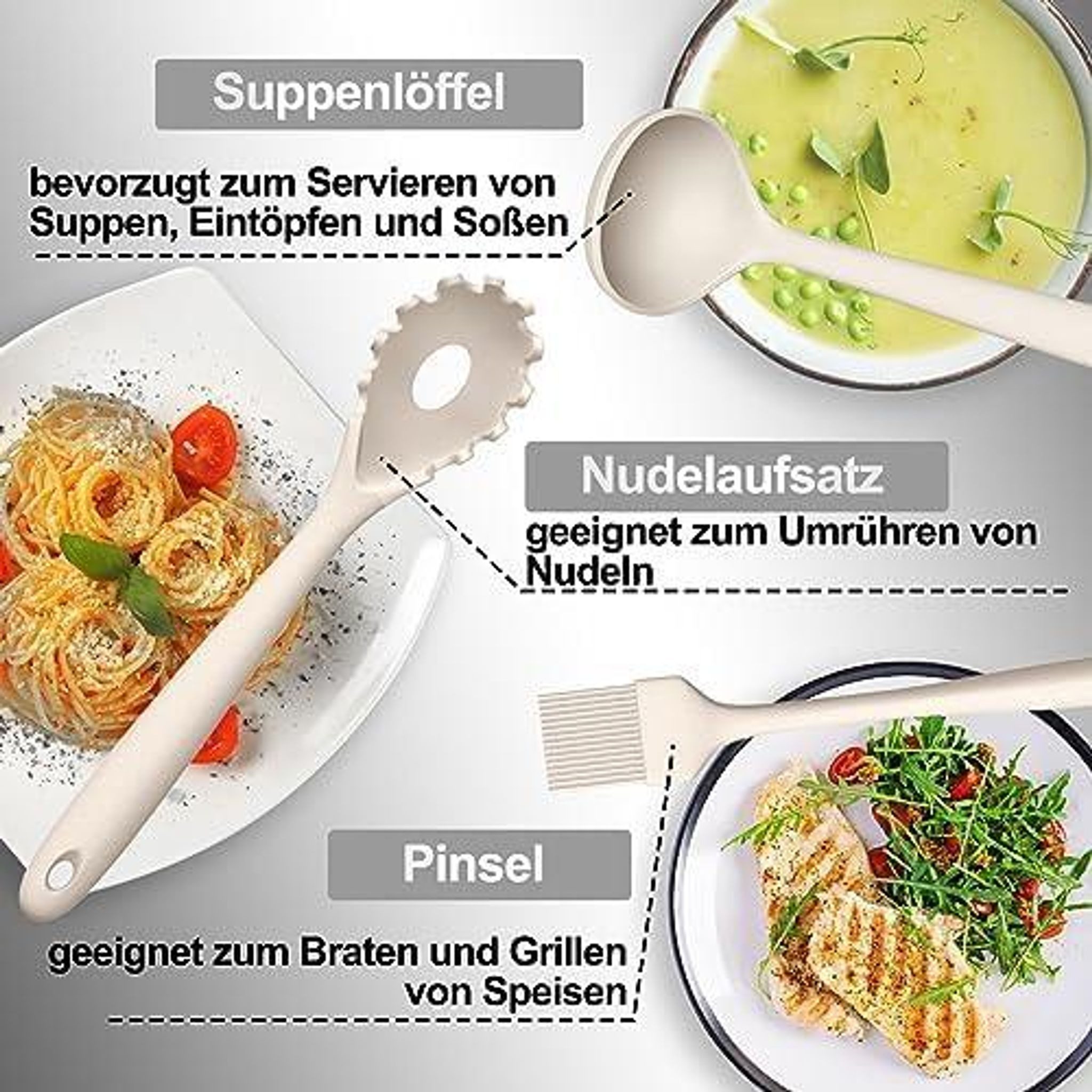FELIXLEO Kochbesteck-Set 12-teiliges Küchenhelfer Set Silikon Kochbesteck mit Halter Khaki