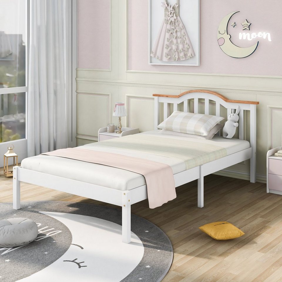 Kiefer massiv weiß Holzbett Einzelbett aus Bettrahmen und Lattenrost Holzbett mit Kopfteil-90 x 200 cm Massivholz Kinderbett Jugendbett 