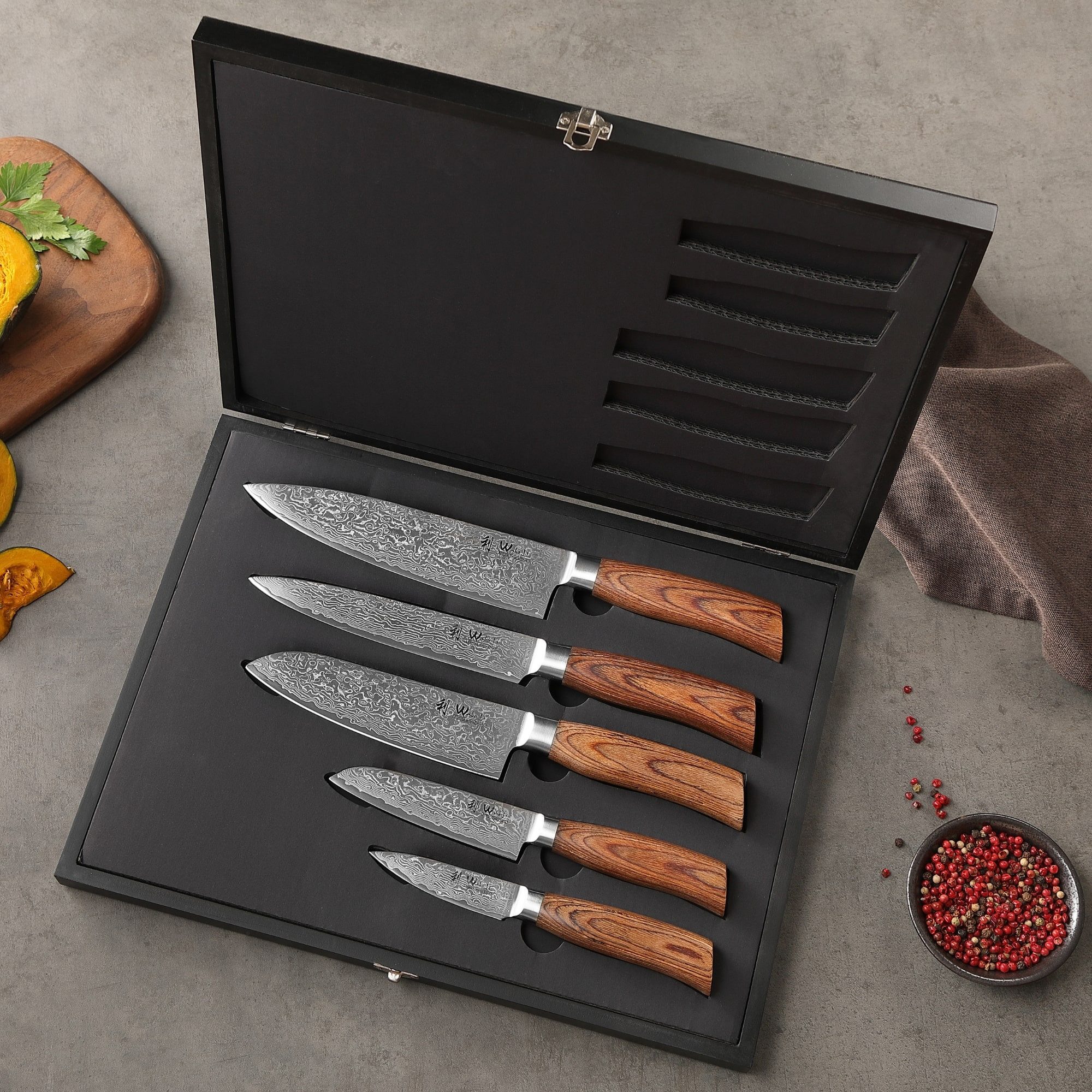 Wakoli Messer-Set Edib Pro 5 Damastmesser Küchenmesser 8-20 cm Klingen Pakkaholzgriffe (Damastmesser mit Geschenkbox, 5-tlg., 5er Damastmesser-Set mit Holzbox), – Bild 5 von 5