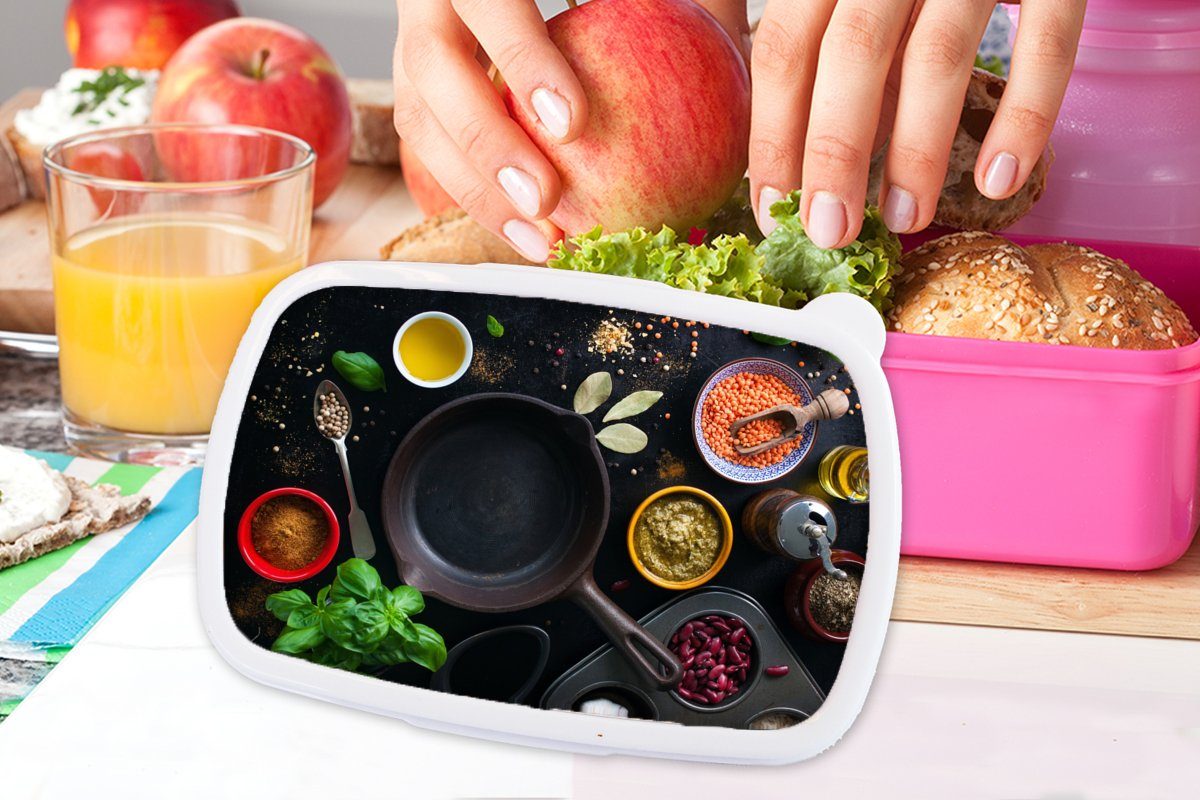 Kunststoff, Mädchen, Lunchbox Erwachsene, für MuchoWow - Gemüse Pfanne, Kräuter - (2-tlg), Snackbox, Kinder, Brotdose rosa Kunststoff Brotbox