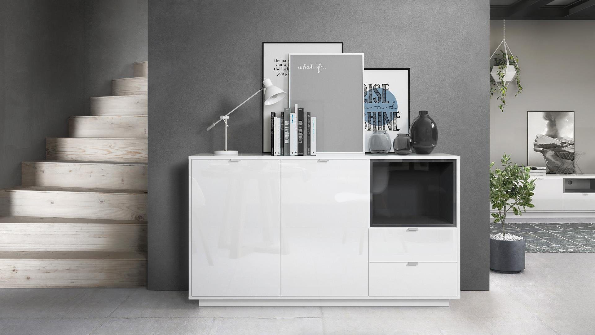 Vladon Sideboard Metro (Kommode, mit 2 Türen, 2 Schubladen und 1 offenem Fach), Weiß Hochglanz/Schwarz Hochglanz (153 x 88 x 38 cm)