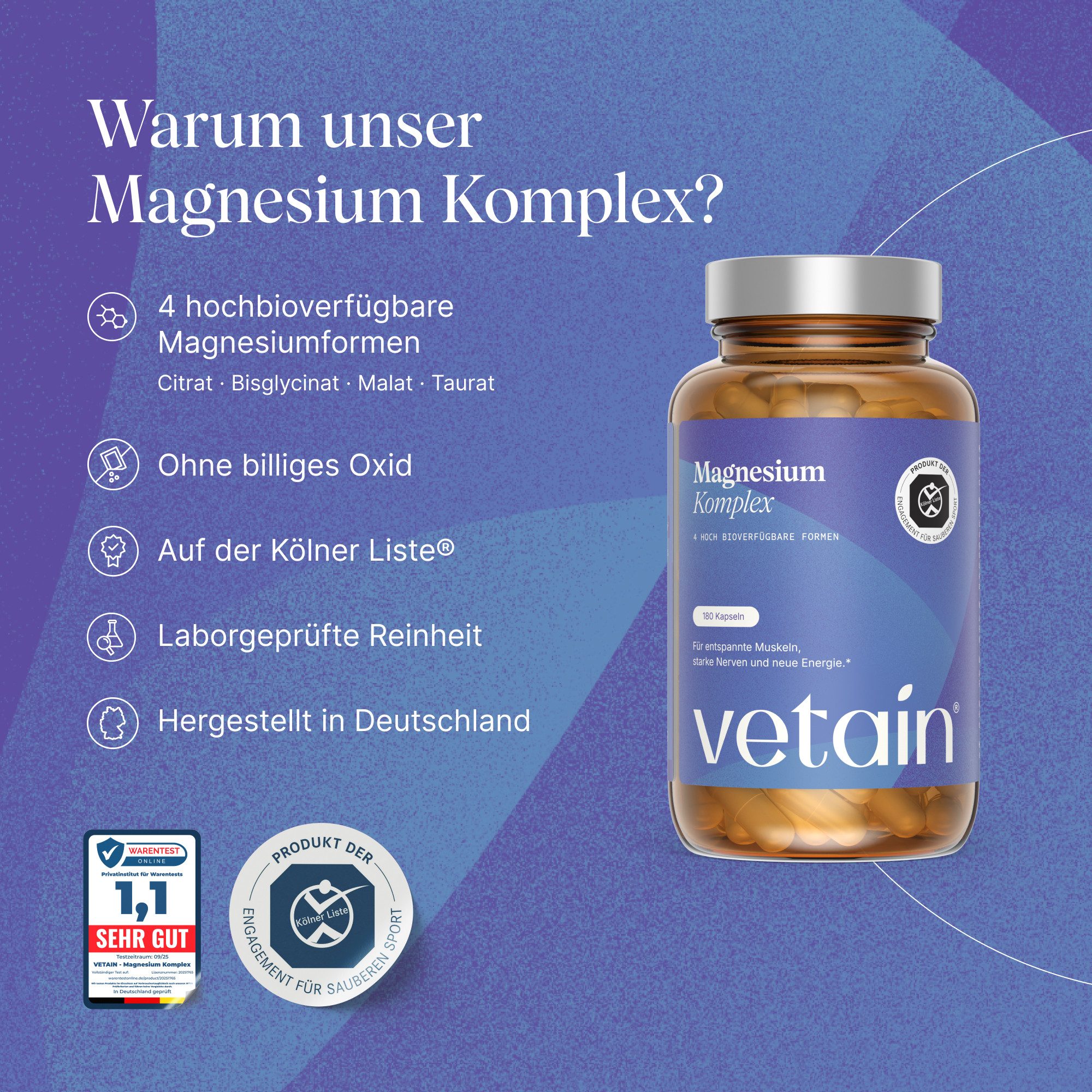 VETAIN Magnesium Komplex - 180 vegane Kapseln, Packung à 180 St., 91 g, Ohne unnötige Zusätze