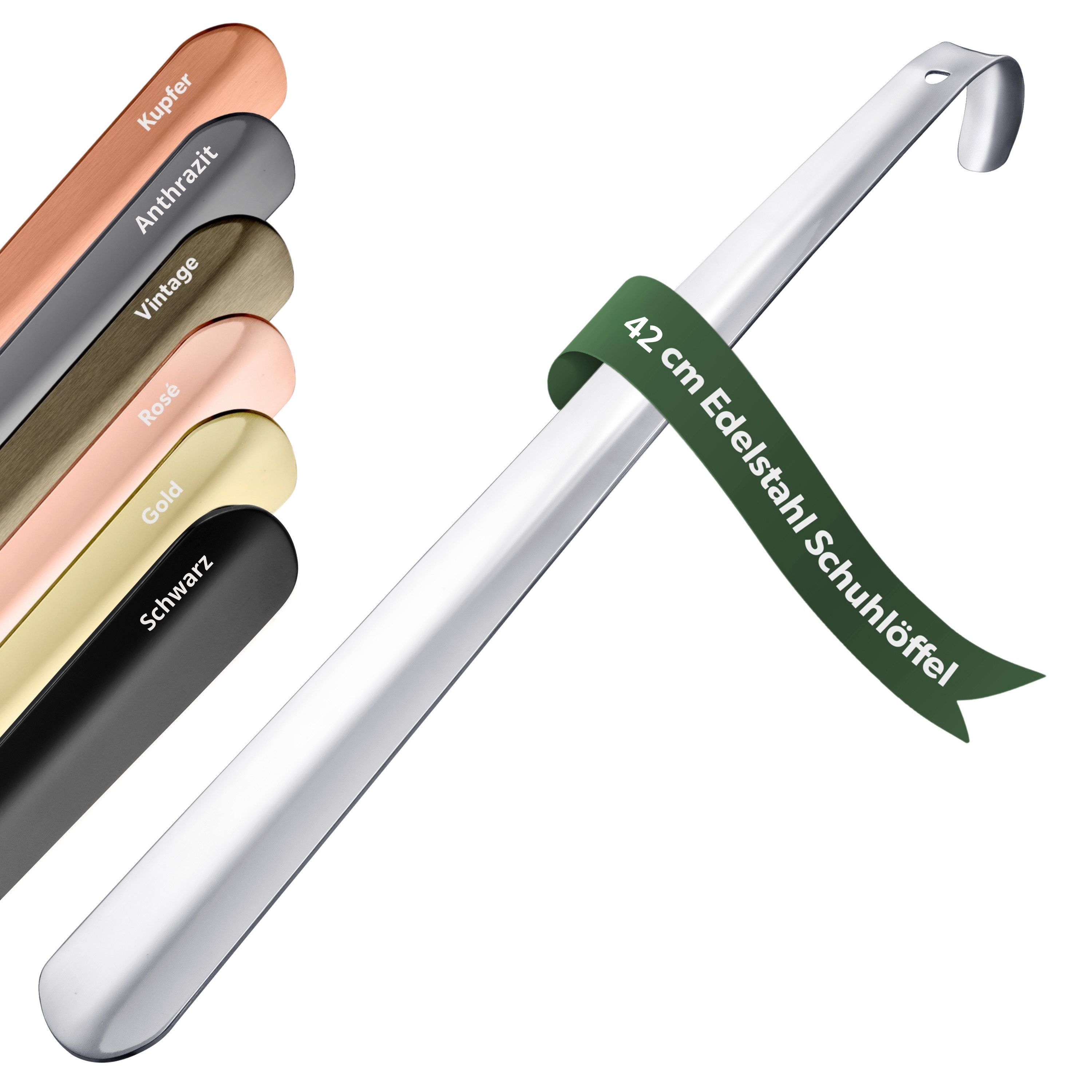 JK Trade Schuhlöffel 42cm Edelstahl poliert (1-tlg., lang & stabil), Metall Schuhanzieher lang zum Stehen, Aufhängbar, 2mm Extra Stabil