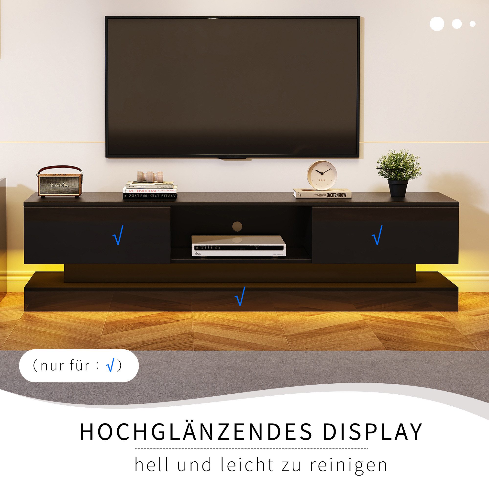 MODFU Lowboard TV-Schrank (Hochglanz-Hängeschrank, 1 St., für 70-Zoll-Fernseher), mit LED-Beleuchtung, 2 Schubladen, App-Steuerung, Anti-Kipp-Design