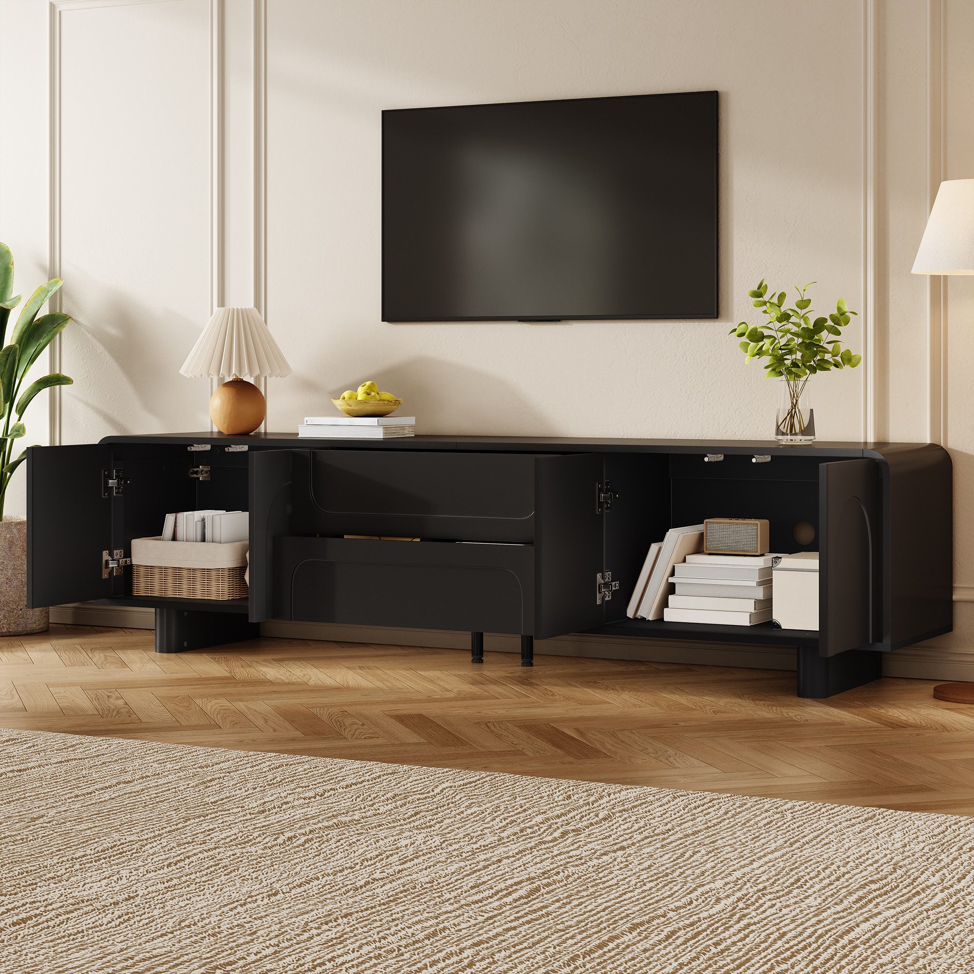 Merax Lowboard mit abgerundeten Kanten und Kabelöffnung (1 St., 180 x 40 x 46 cm (L x B x H), TV-Schrank mit 4 Türen, 2 Schubladen & gedämpften Scharnieren