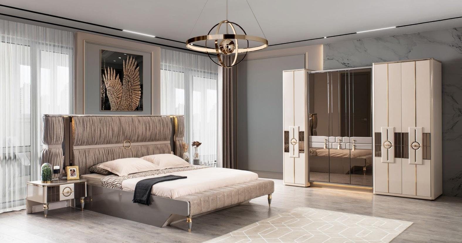JVmoebel Schlafzimmer-Set Luxus Doppelbett Garnitur Bett Beige Holz Modern Schlafzimmer Set 3tlg, (3-St)