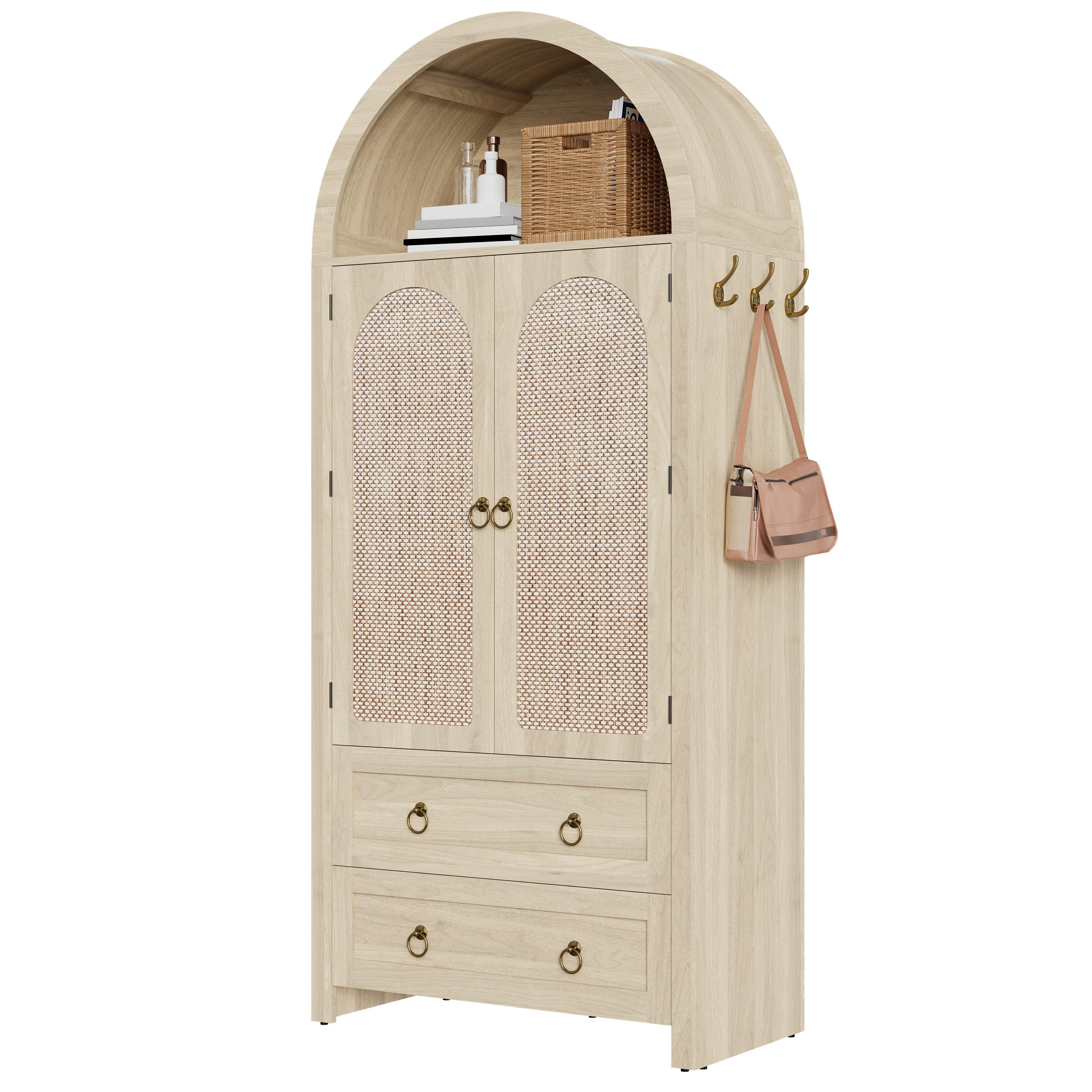 Fine Life Pro Standvitrine Vintage-Sideboard mit Korbgeflecht-Bogenstil u. Doppelschubladen. Ideal für Wohn- und Schlafzimmer, als stilvoller Aufbewahrungsschrank.