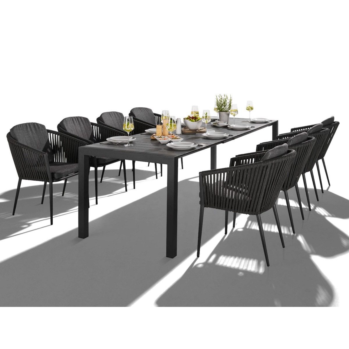 Liadomo Garten-Essgruppe Marano/Carano, (Gartenmöbel-Set, 9-tlg., Ausziehtisch mit 8 Stapelsesseln), Rope-Bespannung, inkl. Sitz- und Rückenkissen