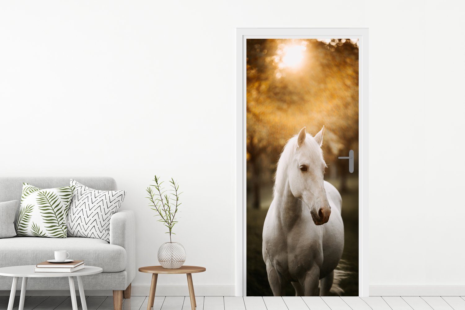 Fototapete Türaufkleber, Sonne bedruckt, - - Pferd Matt, für - 75x205 Tiere (1 Natur, - cm Türtapete Herbst Tür, St), MuchoWow