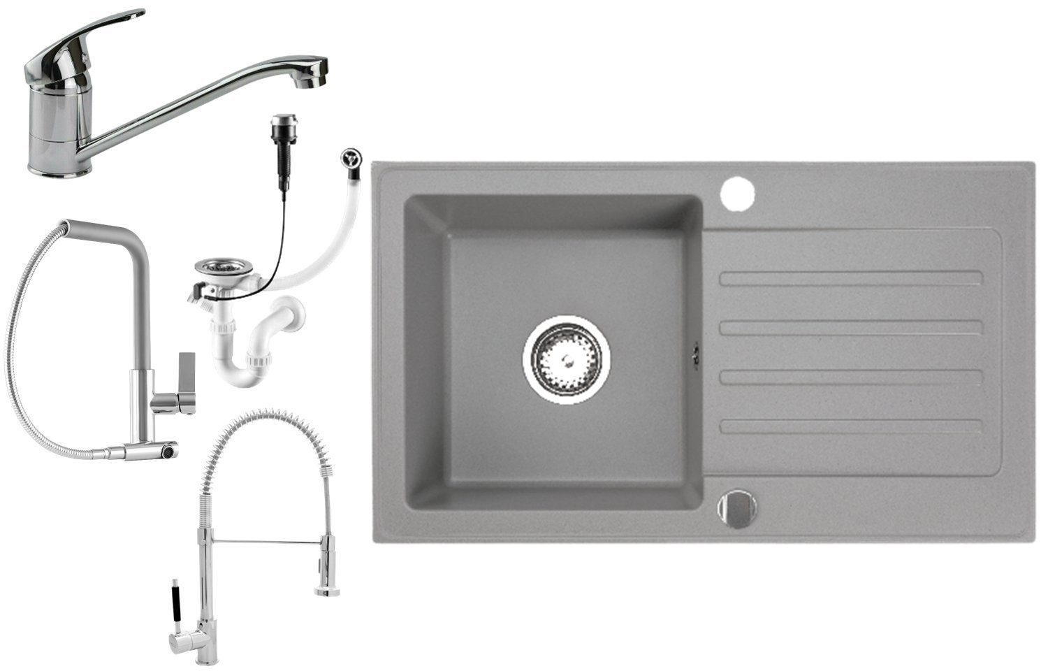 Möbel cm inkl. Eckig, Grau+ 76x44 Siphon Granitspüle Einbauspüle Set, Armatur Granitspüle 76/44 Faizee