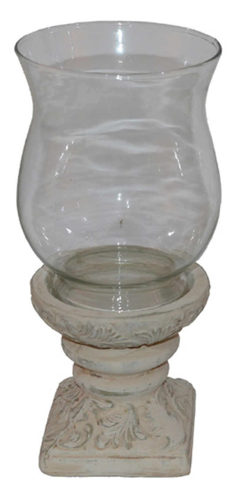 Windlicht Glaswindlicht Antik auf Keramikfuß antikweiß Keramik Glas H28cm (1 St), Keramikfuß mit Glasaufsatz