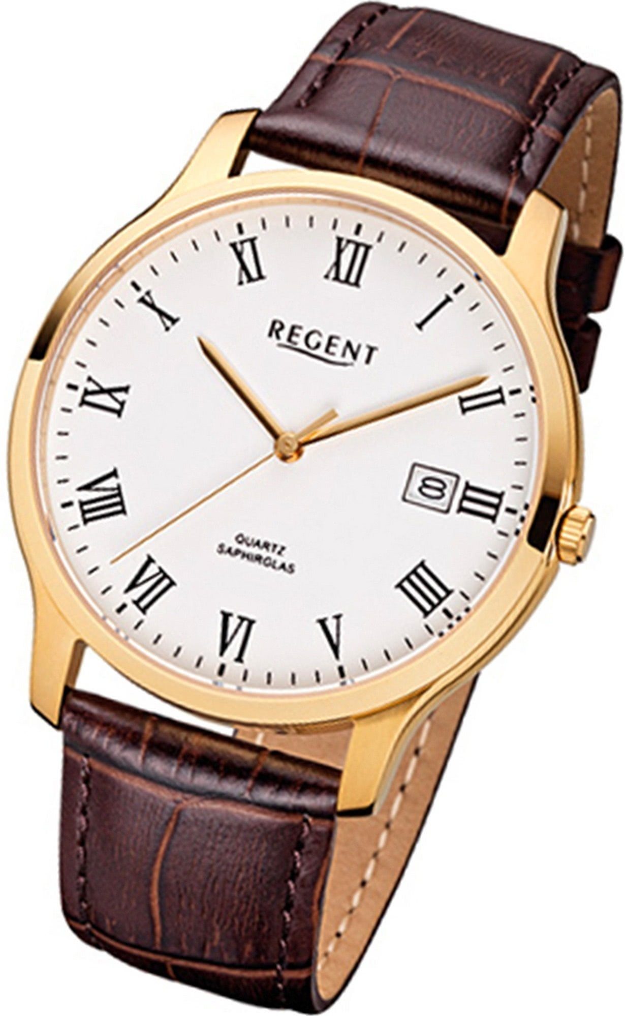 Regent Quarzuhr »Regent Leder Herren Uhr F-961 Quarzuhr«, (Analoguhr),  Herrenuhr mit Lederarmband, rundes Gehäuse, mittel (ca. 39mm), Elegant-Style
