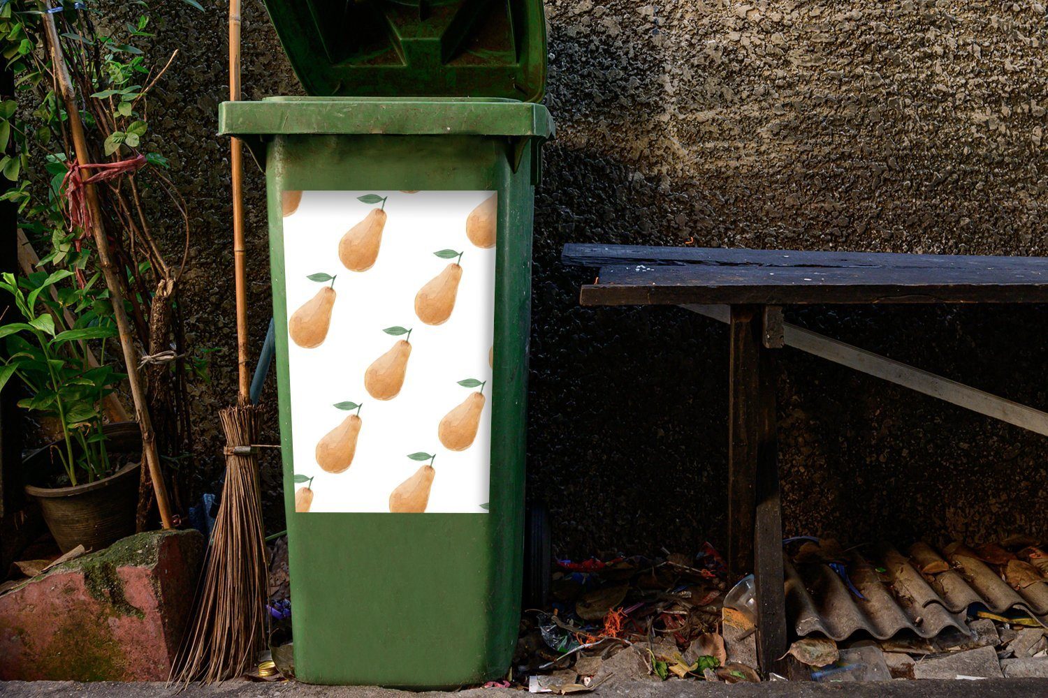 Schablonen Wandsticker Mülltonne, MuchoWow St), Mülleimer-aufkleber, Container, - (1 Abfalbehälter - Sticker, Birnen Aquarell