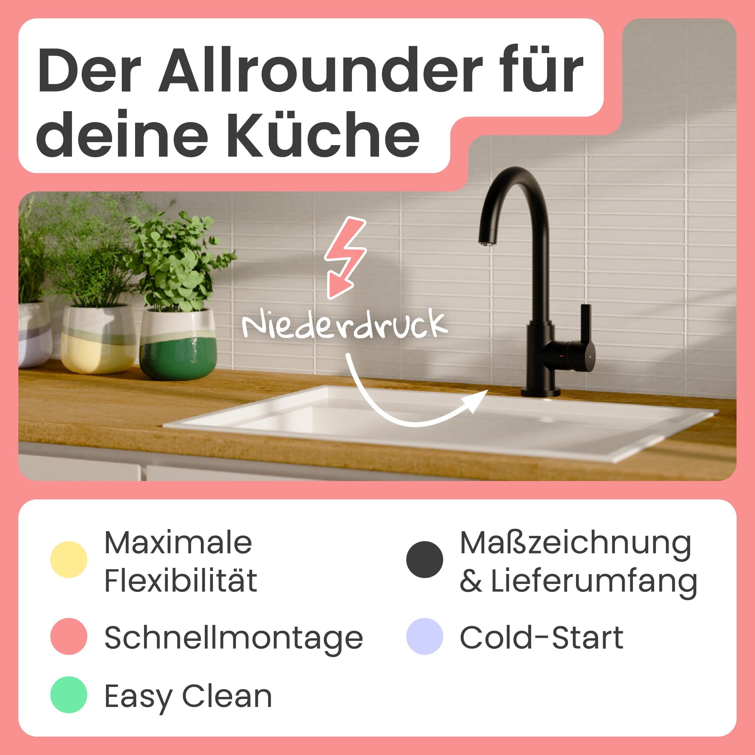 instmaier Spültischarmatur Leona 360° schwenkbar, Niederdruckarmatur, schwarz matt