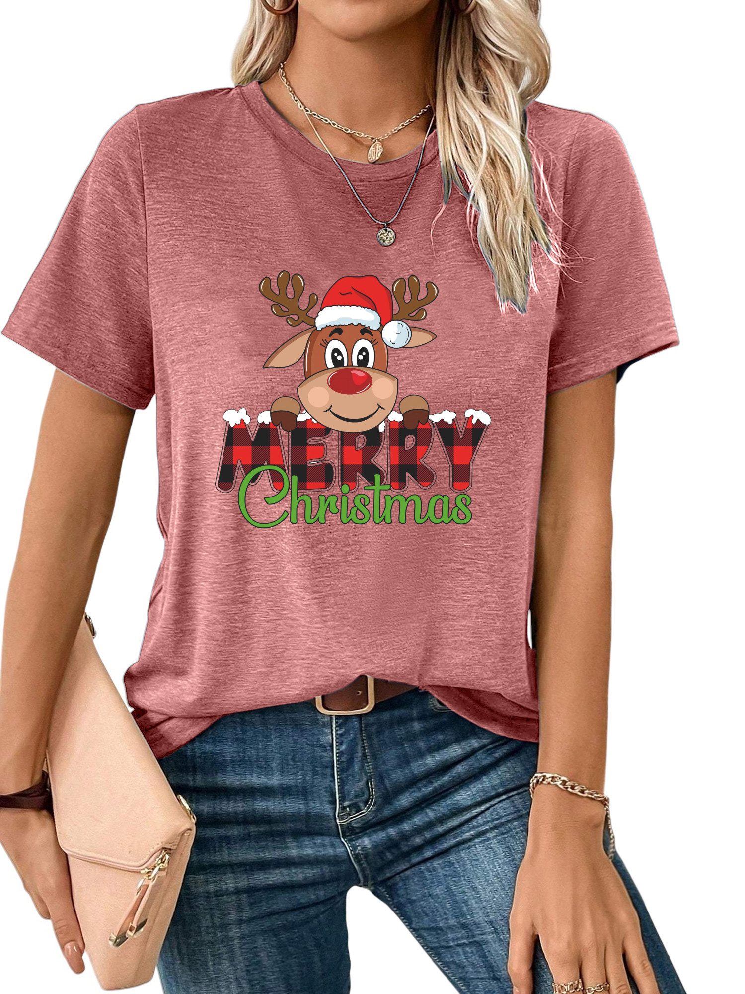 PYLIKE Rundhalsshirt Shirts Damen Weihnachten Niedliches Reh Print bequemes günstig online kaufen