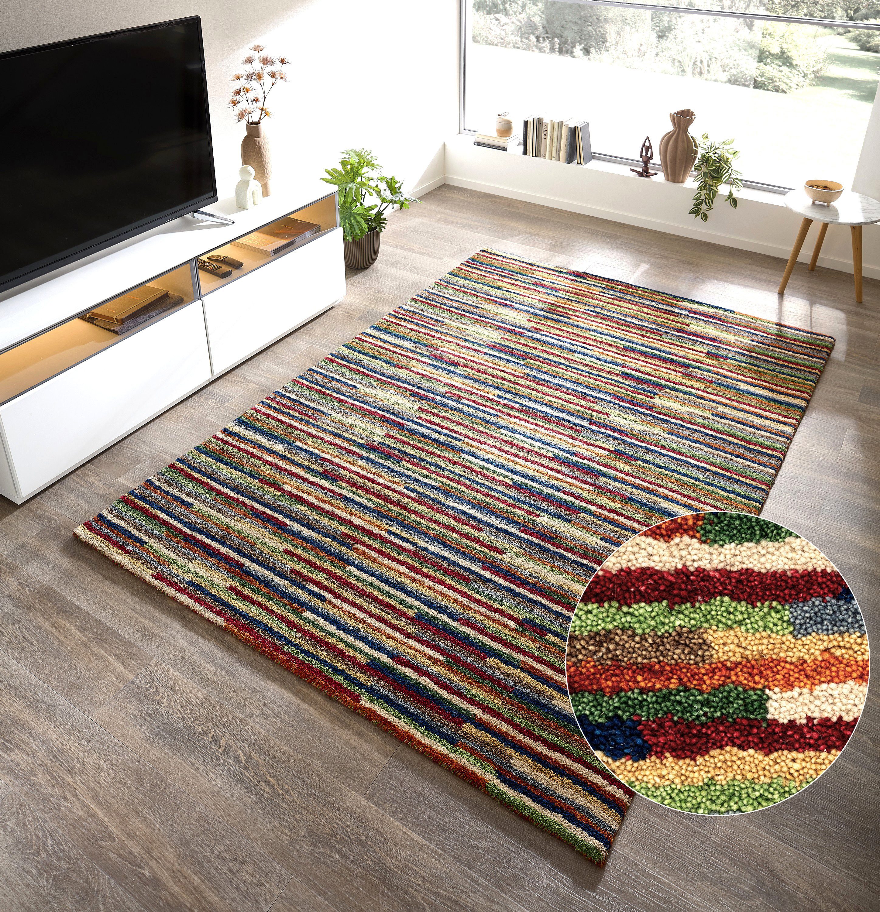 THEKO Wollteppich Gabbeh Multi, Handgefertigt, Teppich, meliert, reine Wolle, rechteckig, Höhe: 15 mm, Wohnzimmer, Schlafzimmer, Esszimmer