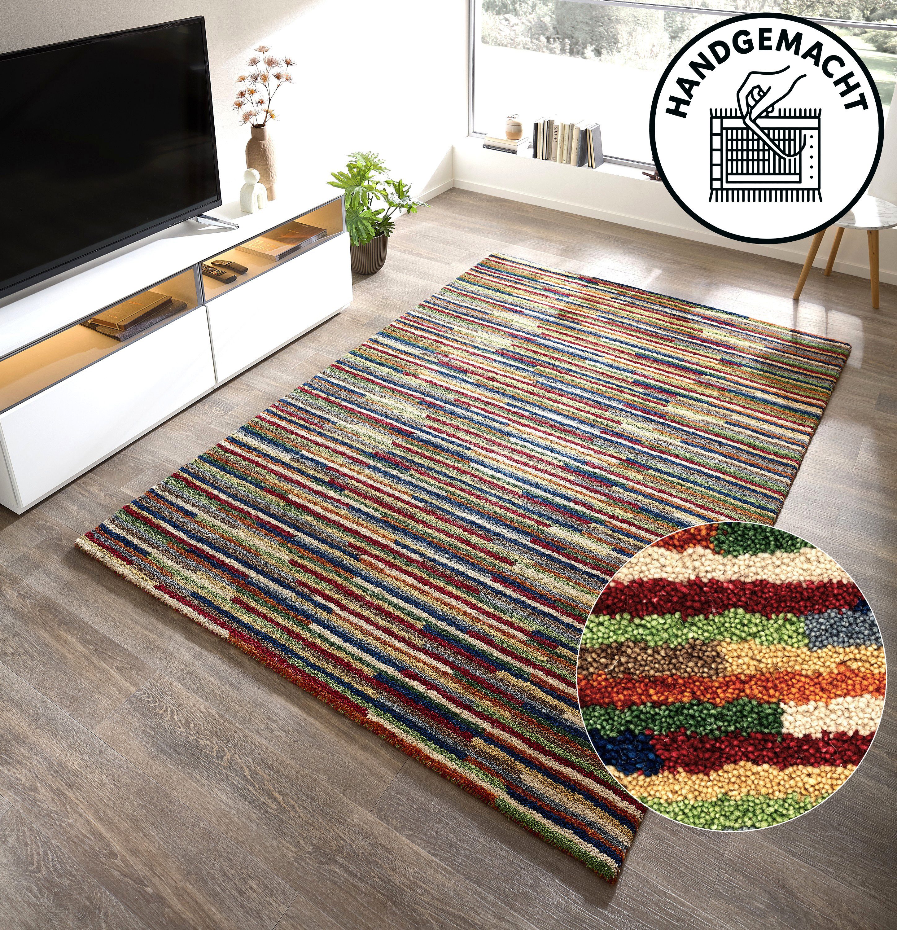 THEKO Wollteppich Gabbeh Multi, Handgefertigt, Teppich, meliert, reine Wolle, rechteckig, Höhe: 15 mm, Wohnzimmer, Schlafzimmer, Esszimmer