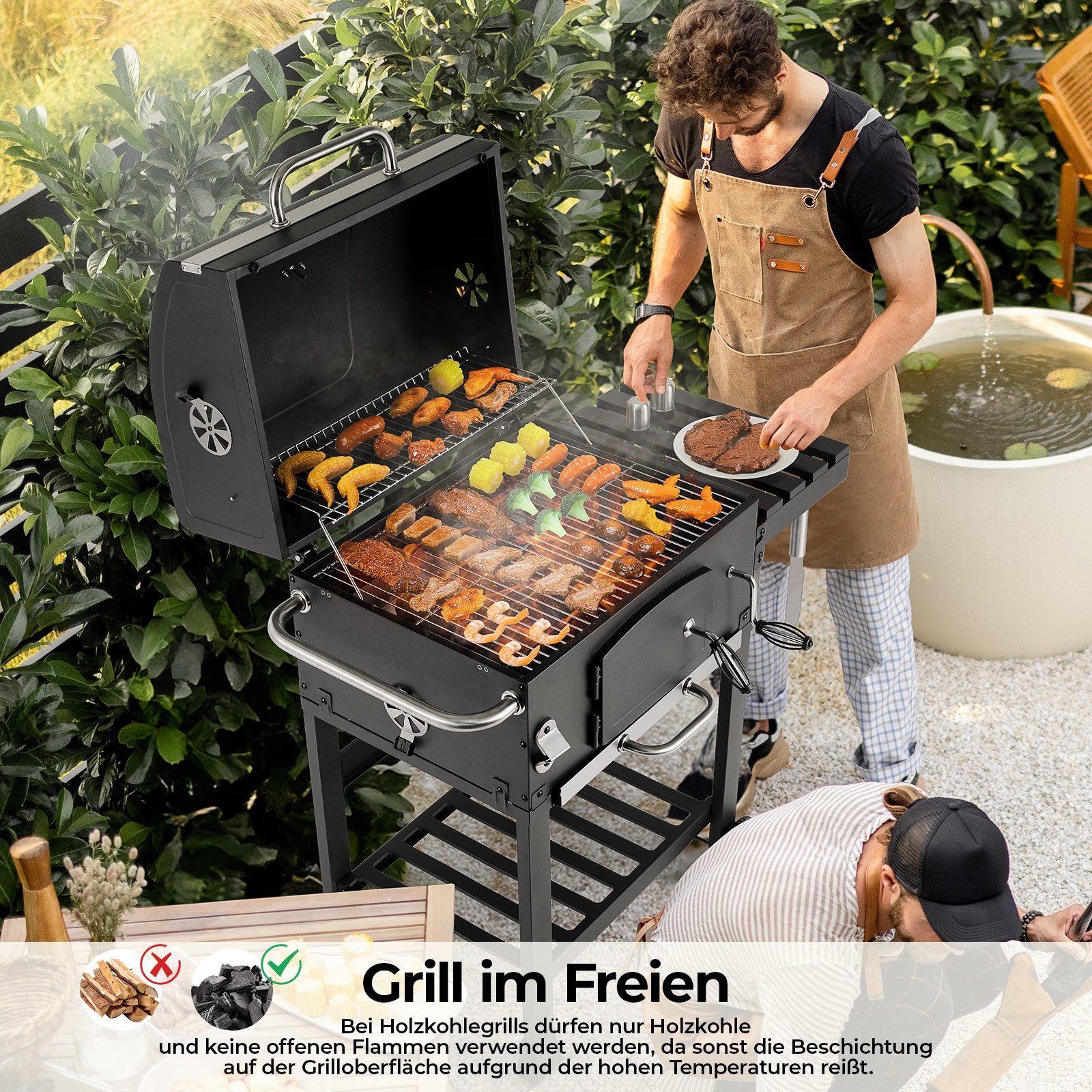 TLGREEN Holzkohlegrill mit Deckel, Grill Grillwagen BBQ Smoker XL, Holzkohlegrill mit Ablage, Standgrill, Groß Kohlegrillwagen für Camping, Garten