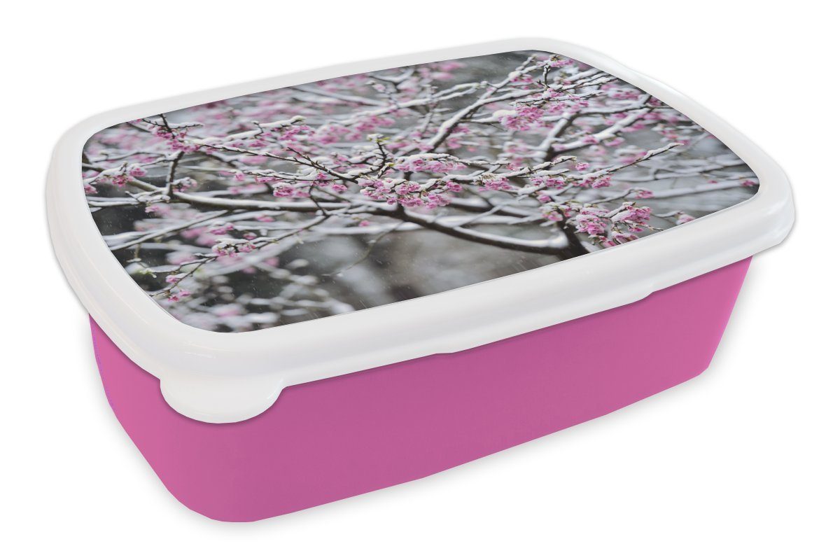 MuchoWow Lunchbox Nahaufnahme einer verschneiten Sakura, Kunststoff, (2-tlg), Brotbox für Erwachsene, Brotdose Kinder, Snackbox, Mädchen, Kunststoff rosa