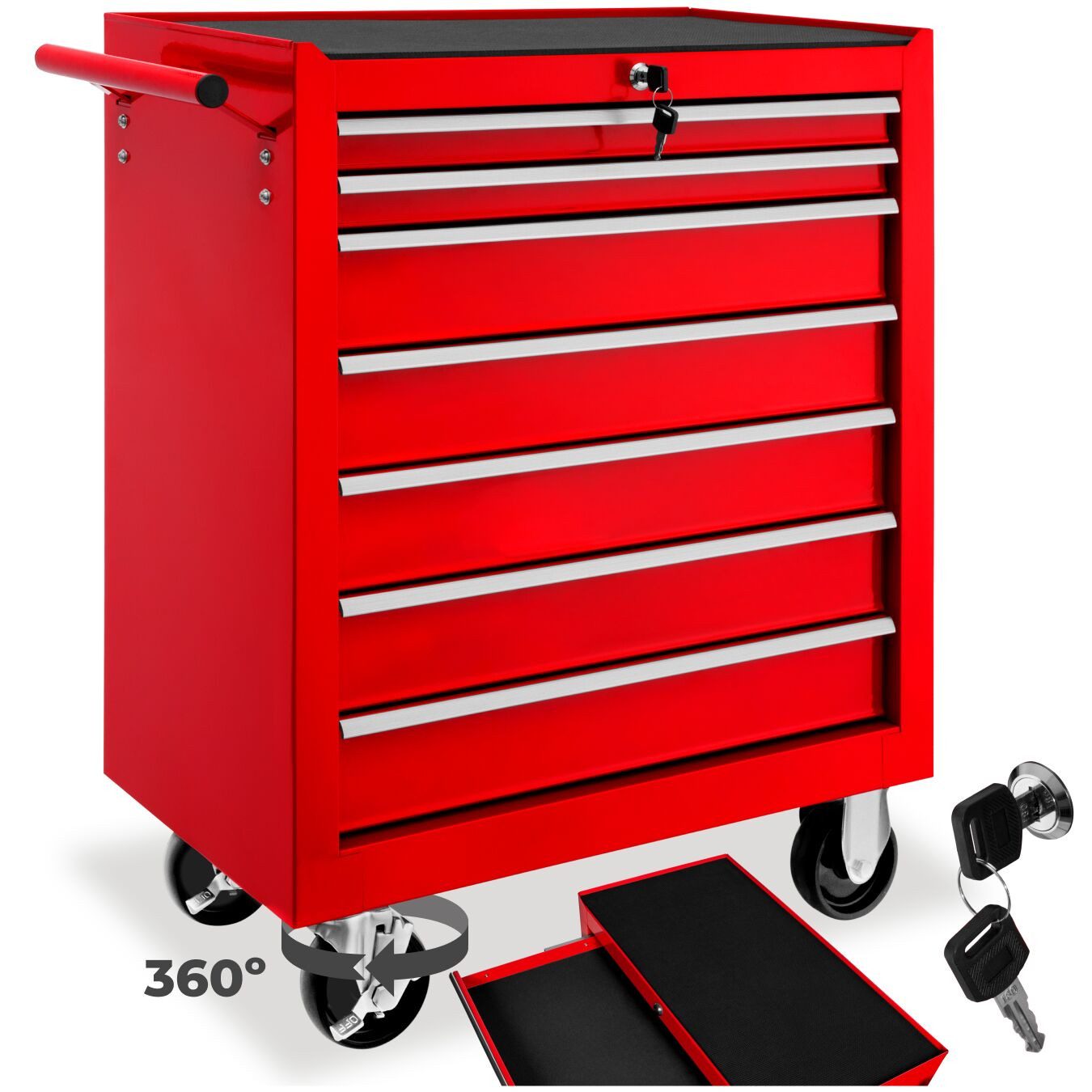 tectake Werkzeugwagen Werkstattwagen mit 7 Schubladen, rot, 7 kugelgelagerte Schubladen mit Antirutschmatten