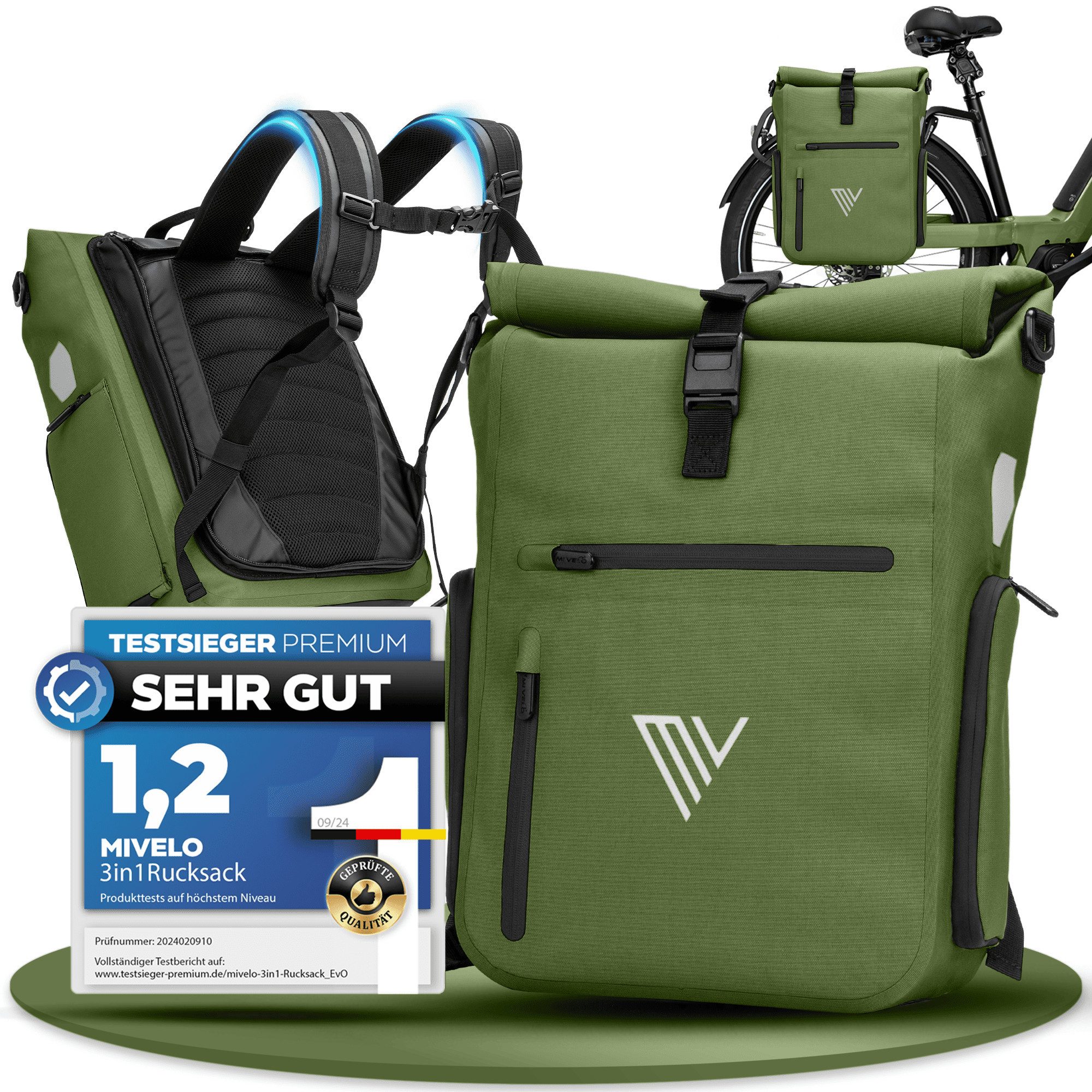 MIVELO Fahrradtasche 3in1 Gepäckträgertasche mit Rucksackfunktion Schultergurt wasserdicht, geräumiges Hauptfach, Außentaschen, Laptopfach