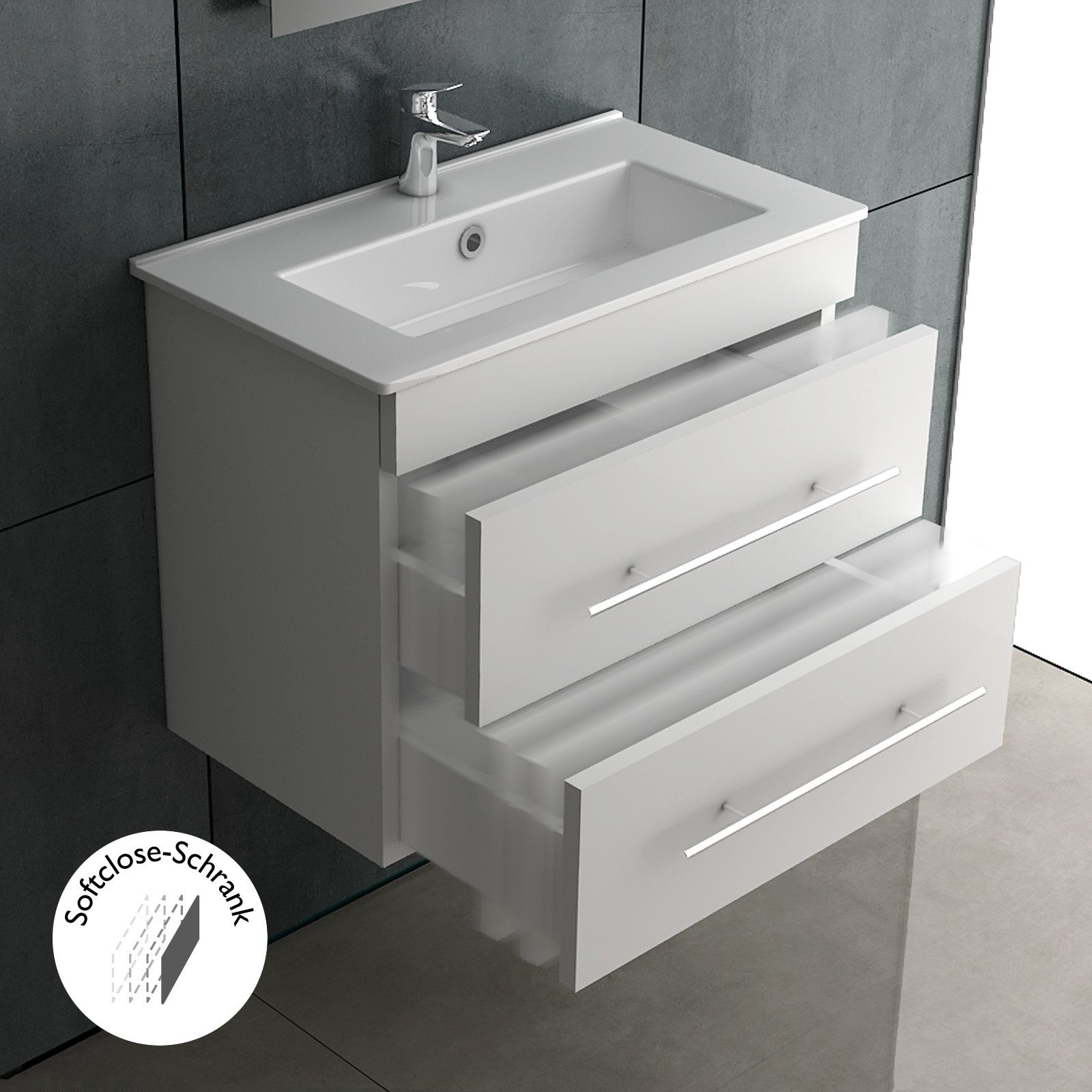 Alpenberger Waschbecken mit Unterschrank 60 cm Breit - Badschrank Badmöbel Set Weiß (Vormontiertes Komplett-Set - Waschplätze, 2-St., 60cm Breit Waschtisch mit Keramikbecken), hygienisch durch Lotuseffekt, Soft-Close Schubladen