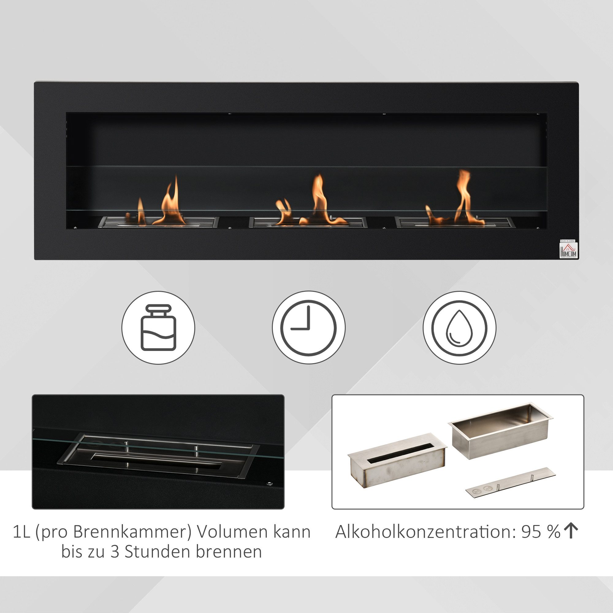 HOMCOM Echtfeuer-Dekokamin 3 Brennboxen 1L 2000W kein Rauch gehärtetes Glas, Bio-Ethanol-Brenner, 3 Std. Brenndauer, 120 x 15 x 40 cm, Schwarz – Bild 5 von 5