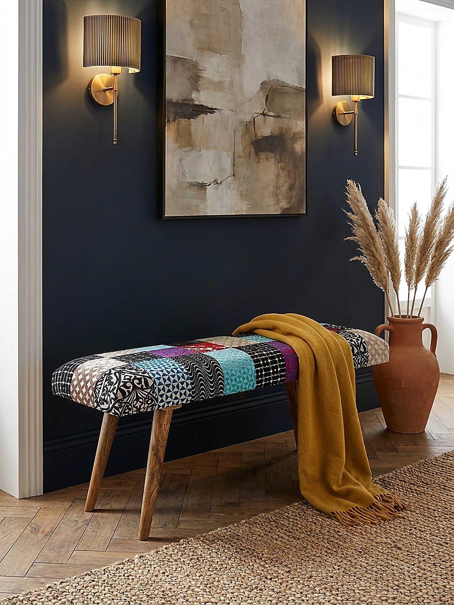 KADIMA DESIGN Sitzbank Sitzbank Samt / Massivholz Bank Bunt 117x51x38 cm Bettbank Patchwork, (Flurbank ohne Lehne), Design Polsterbank Flur Modern, Gepolsterte Stoffbank Esszimmer