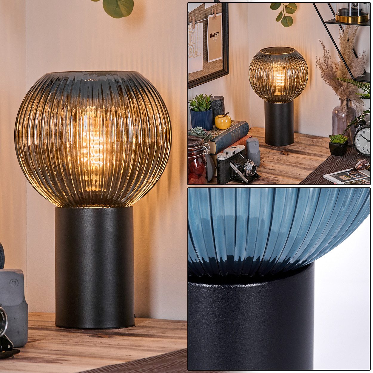 hofstein Tischleuchte Tischlampe aus Metall/Riffelglas in Schwarz/Blau, ohne Leuchtmittel, Leuchte im Retro/Vintage-Design mit Glasschirm (20 cm), E27, Küche