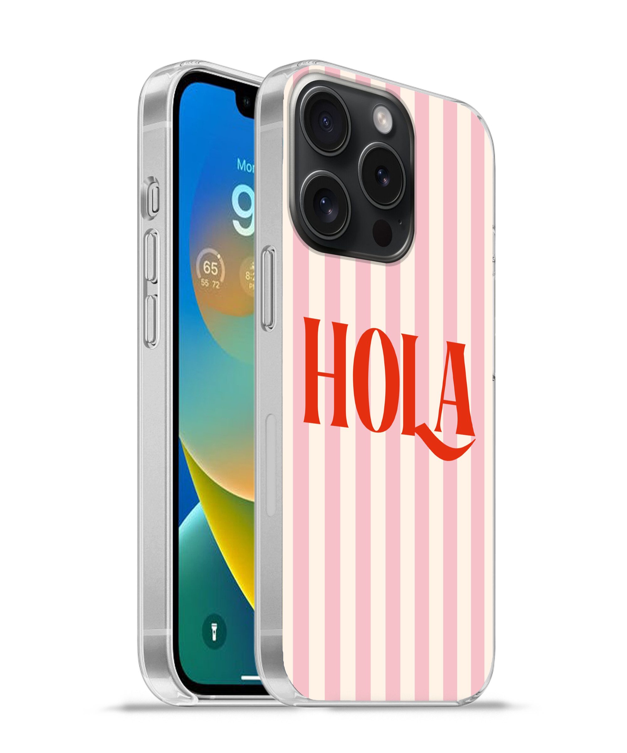 MuchoWow Handyhülle für Apple iPhone 15 Pro Hola - Zitat - Streifen - Pastell - Rosa - Rot, Smartphone-Bumper, Print, Handy Schutzhülle Dünn