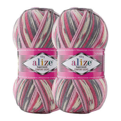 Alize 2 x 100g Sockenwolle Superwash Comfort Häkelwolle, 7707 weiß grau rosa