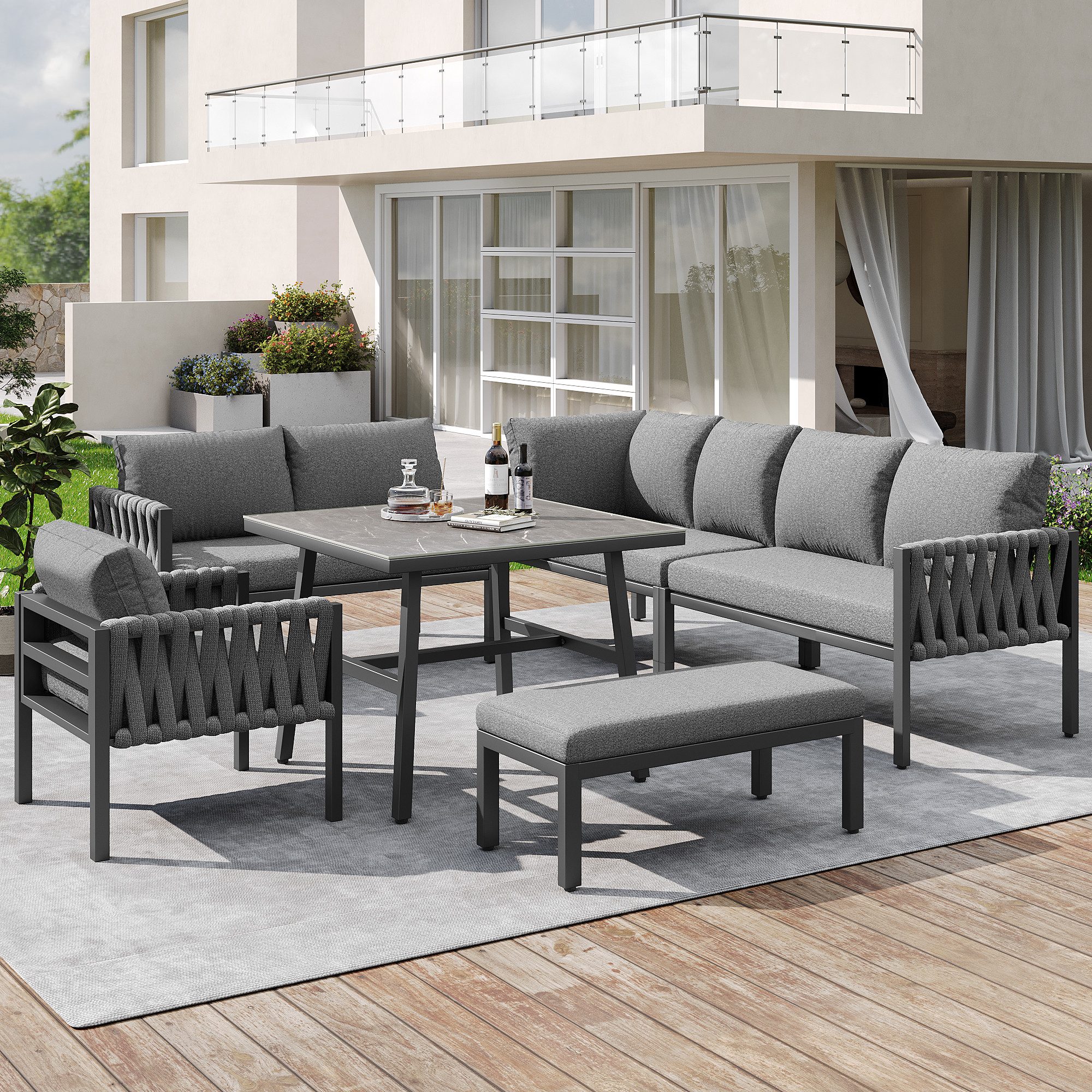 BBWL Gartenlounge-Set Ecksofa mit verzinktem Eisengestell, Glastisch, verstellbaren Beinen & Kissen, wetterfeste Lounge grau