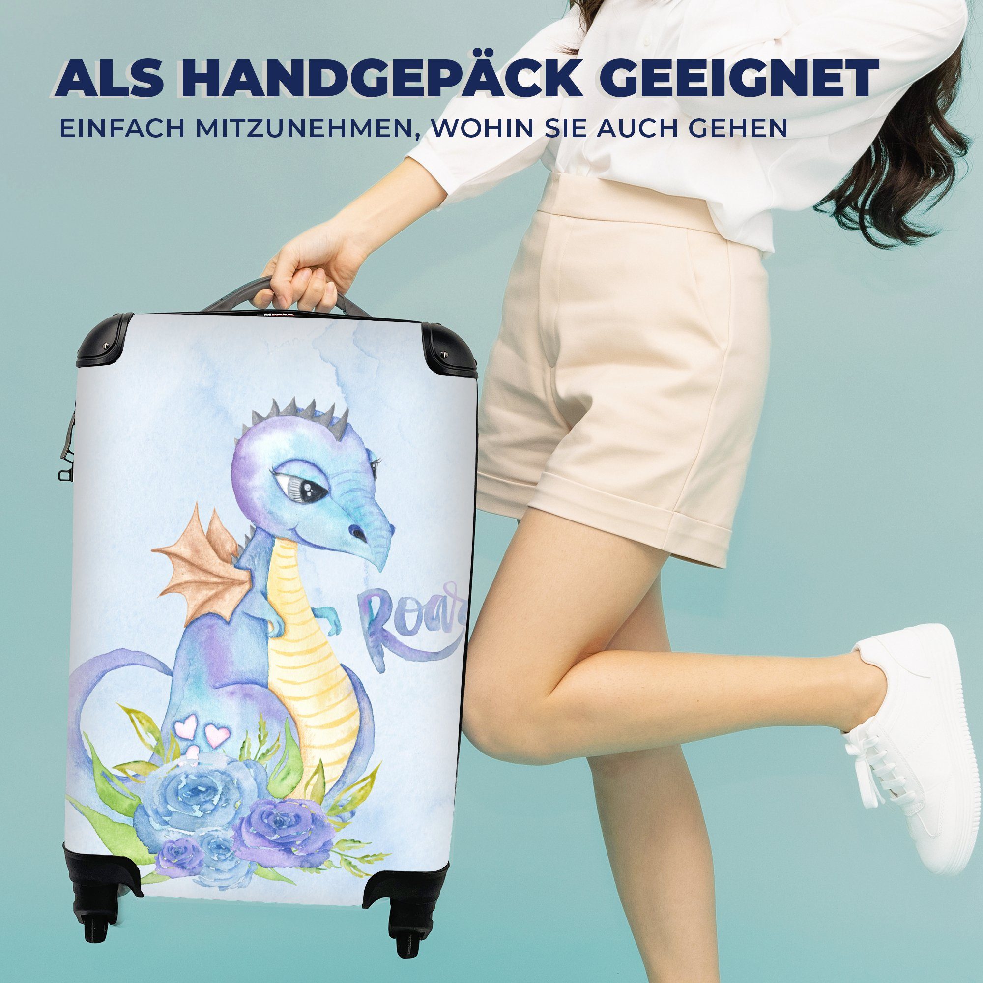 Kinder, - 4 Flügel für Ferien, Mädchen Rollen, Trolley, Handgepäckkoffer rollen, Handgepäck Jungen Kinderzimmer Dinosaurier - - mit Reisekoffer - Reisetasche - MuchoWow