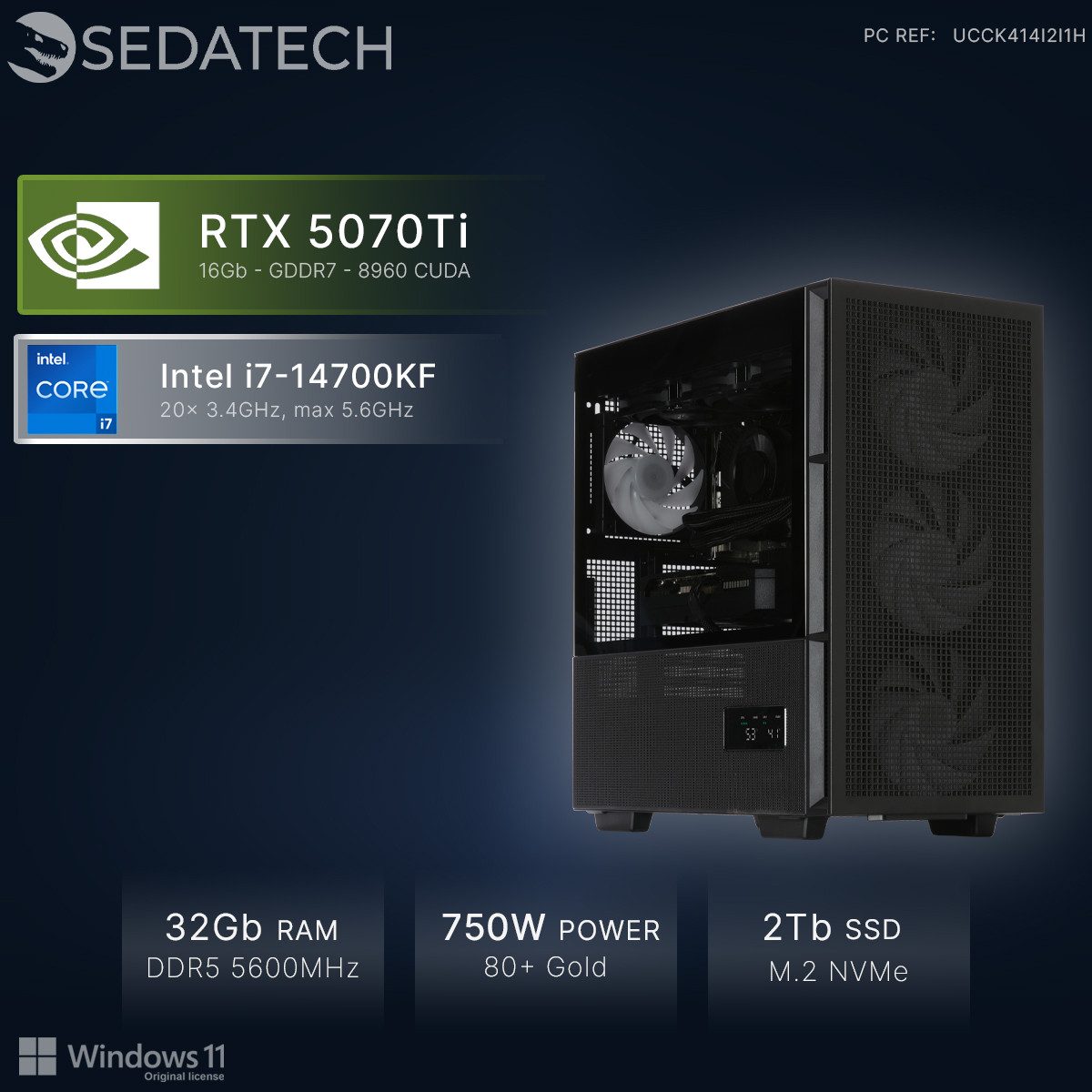 Sedatech UCCK414I2I1HF - Watercooling Gaming-PC (Intel Core i7 14700KF 20x 3.4GHz (max 5.6GHz), Geforce RTX5070Ti 16GB, 32 GB RAM, 2000 GB SSD, Watercooling, Wlan 6)