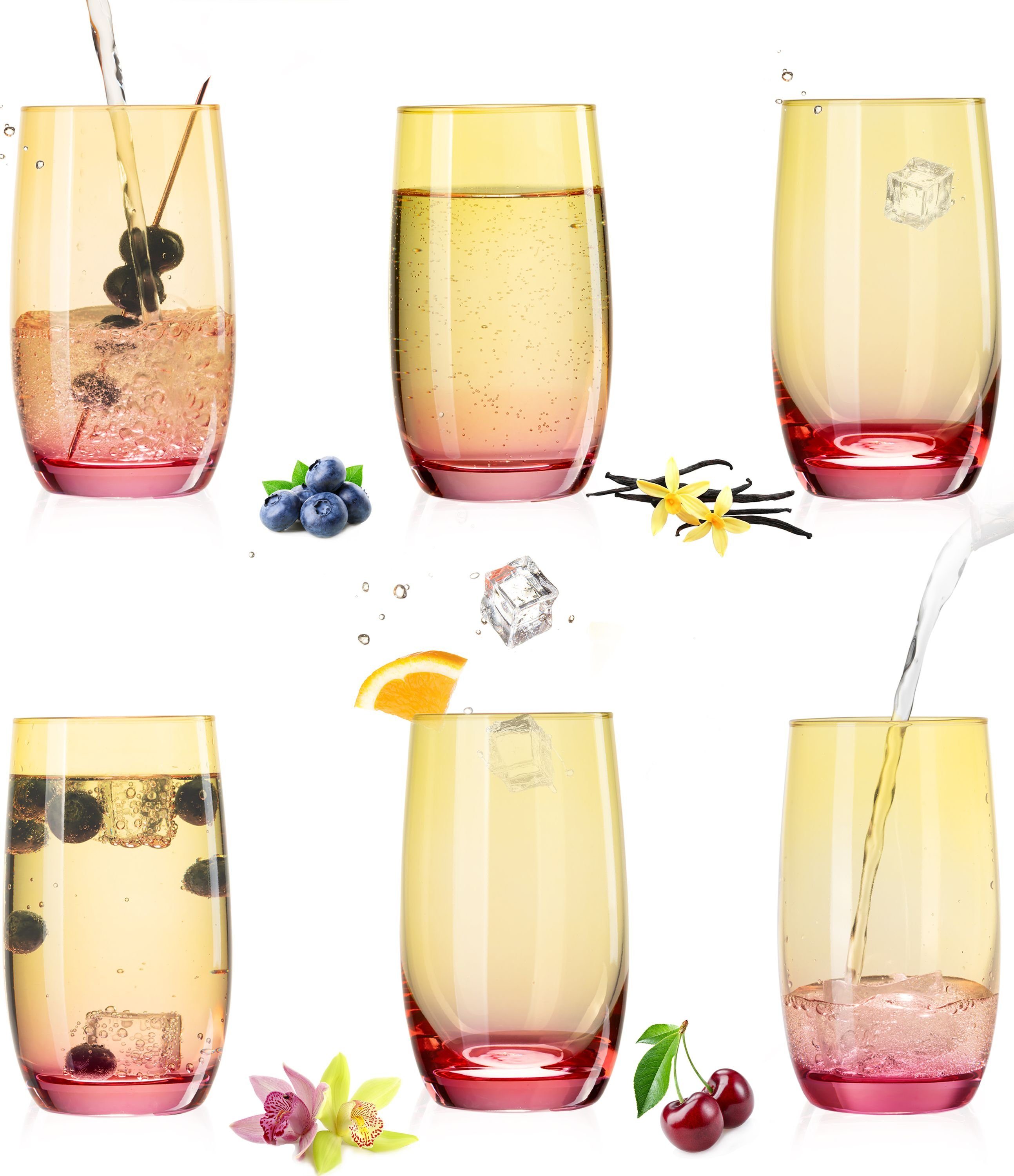 PLATINUX Glas Trinkgläser, Glas, Gelb-Rosa Bunt 300ml (max.370ml) Set 6 Stück Склянки для води Saftgläser Longdrinkgläser