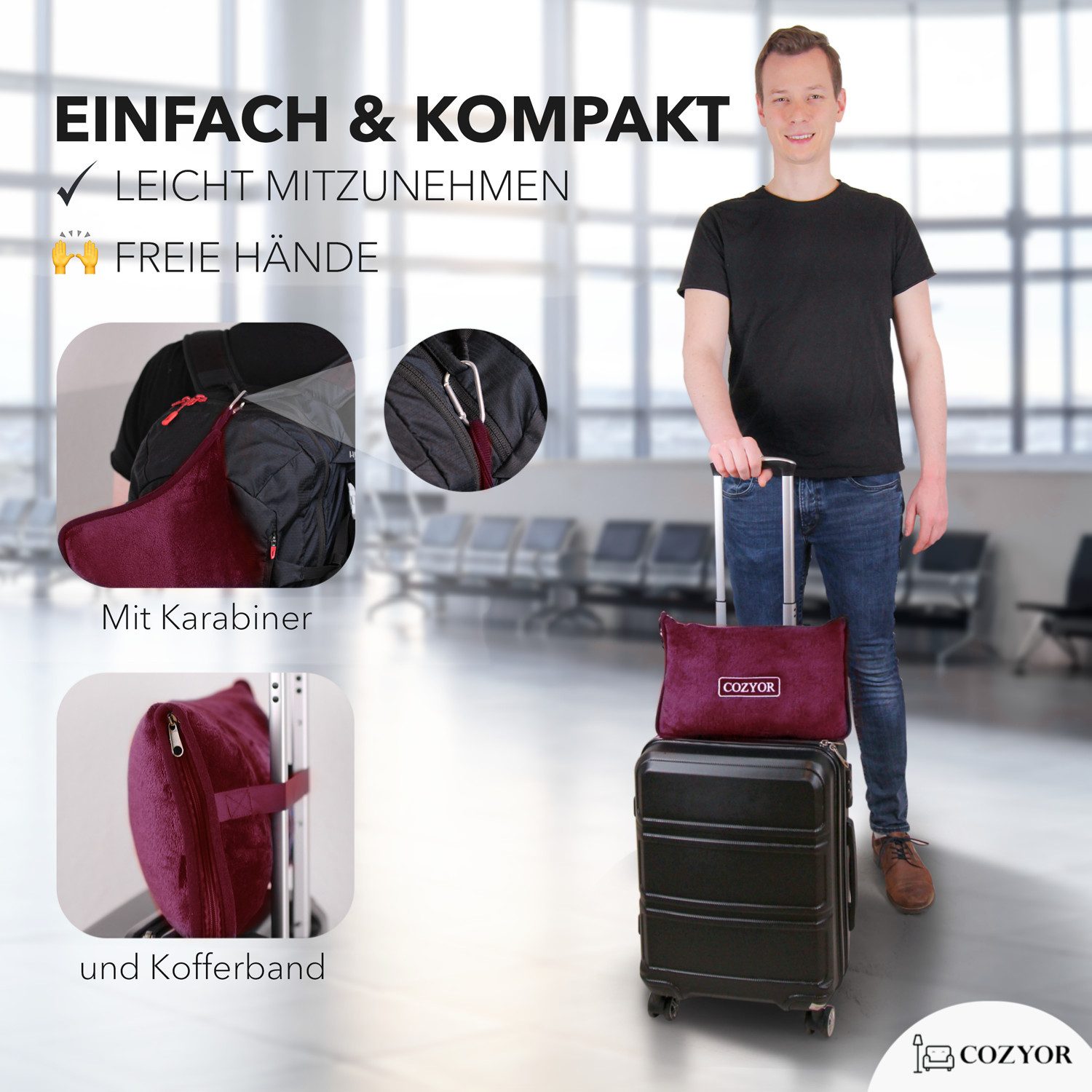 Cozyor Reisekissen und Reisedecke 2 in 1, Reiseset kuschelig weich + Rucksack-Clip, & mit praktischer Befestigung für Koffer, rot Berry Serie, 1-tlg., Verwandlu – Bild 3 von 5