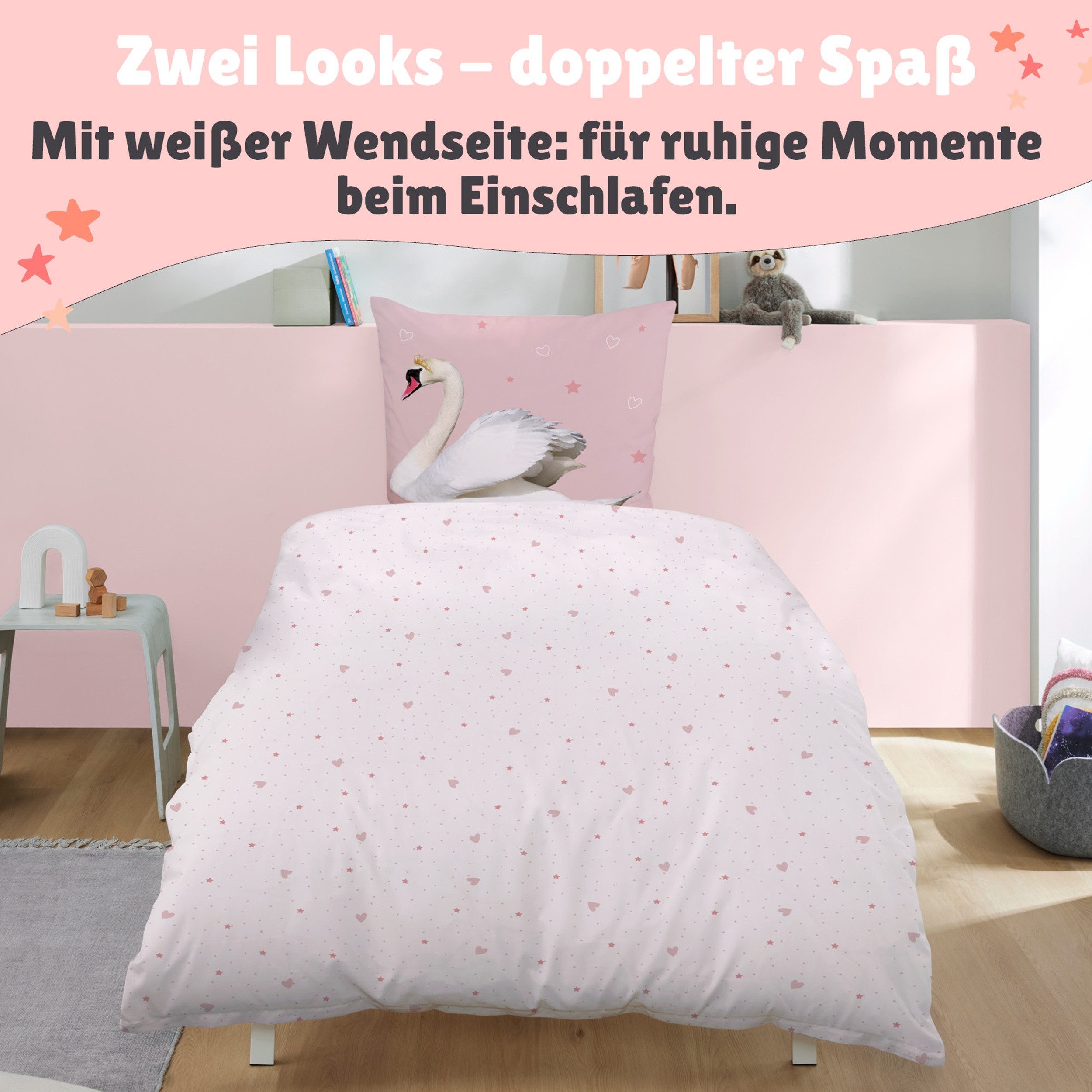 Familando Partnerbettwäsche "Liebes Schwan" Set 2-teilig, 135x200 80x80 cm, Flanell, Reißverschlus, Biber, 2 teilig, mit gemusterter Wendeseite in weiß – Bild 5 von 5