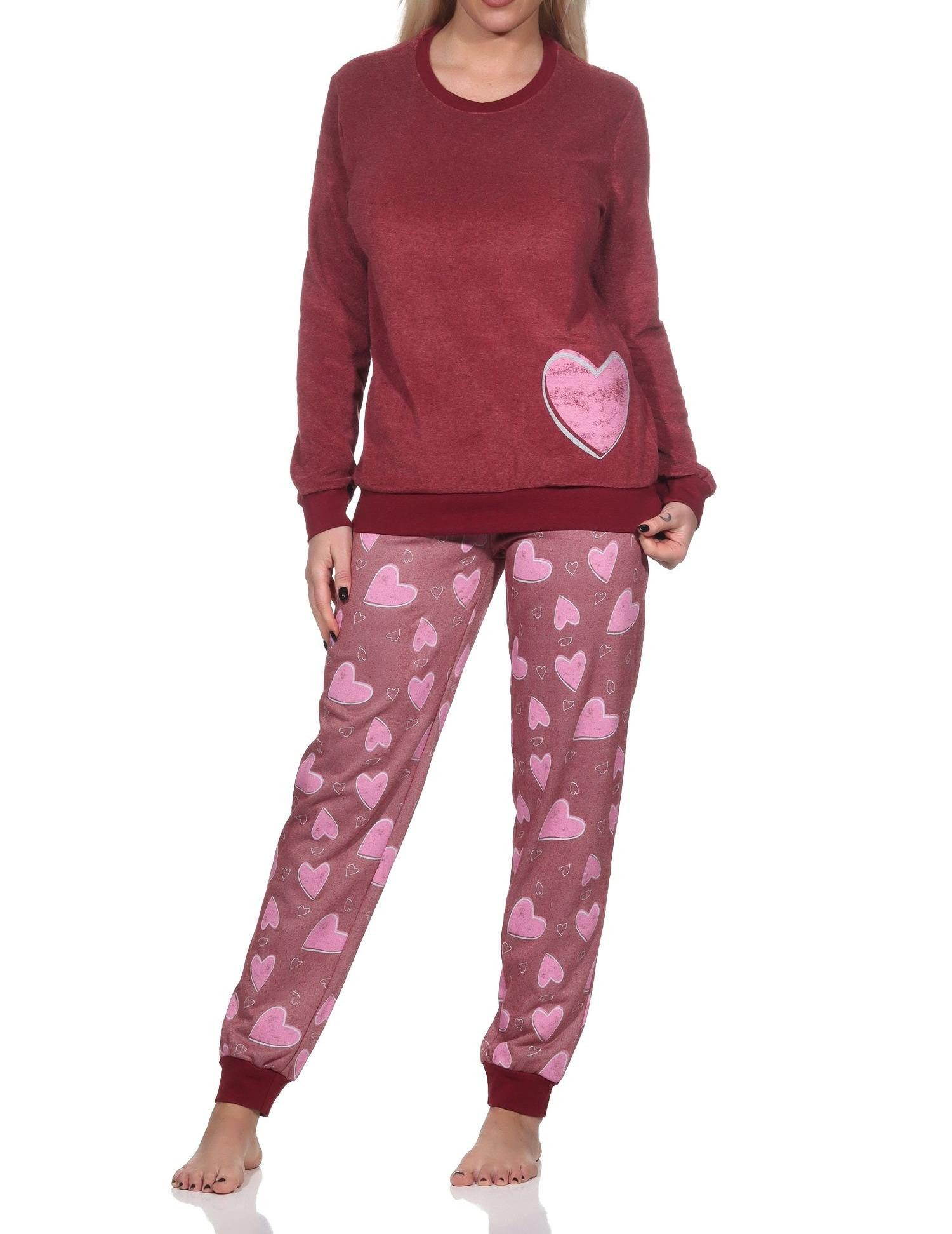Pyjama Normann Damen Frottee Schlafanzug langarm mit Bündchen in Herz Optik