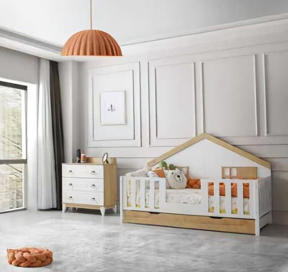 Xlmoebel Multimediabett Montessori Hausbett mit Kommode in Weiß aus Holz für Kinderzimmer (1-tlg), Made in Europa