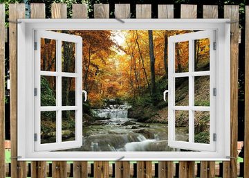 Wallario Sichtschutzzaunmatten Kleiner Bach über Steine im Herbstwald, mit Fenster-Illusion