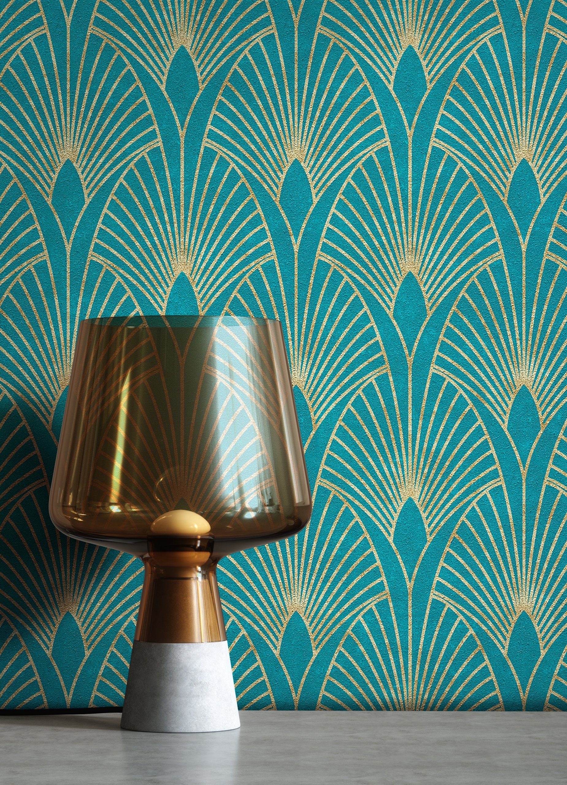 Newroom Vliestapete Muster1 Tapete Mustertapete Pfauenfeder,Blätter,Ornamente, Blau Tapete Pfauenfeder Modern - Mustertapete Retro Gold Petrol Blätter Grafisch für Schlafzimmer Wohnzimmer Küche, Retro